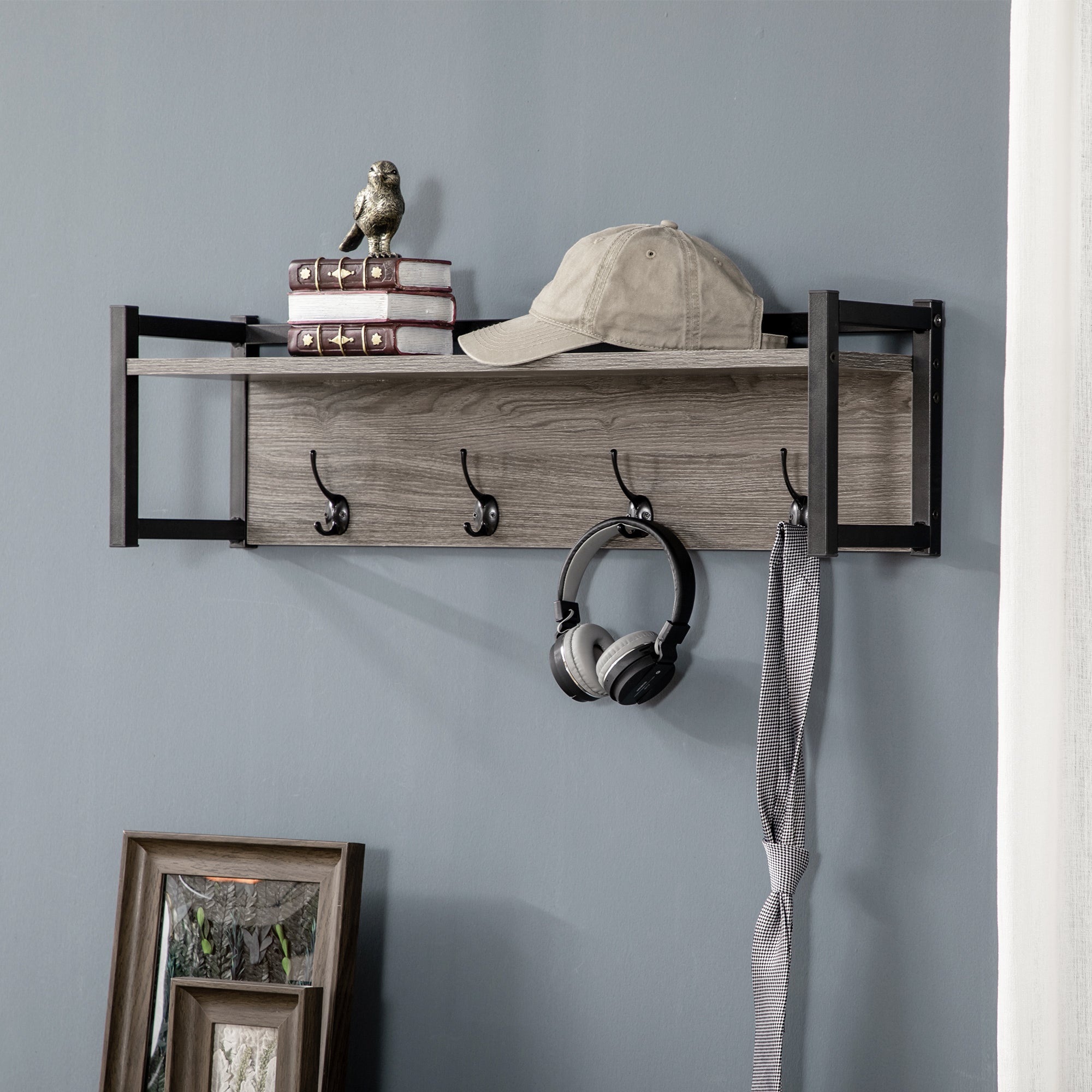 HOMCOM Wall Coat Rack with 4 Hooks Floating Shelf with Storage Rack for Keys, Clothes, Bags for Hallway, Entryway, 80 x 20 x 22.5 cm, Grey - North Peak Garden Furniture