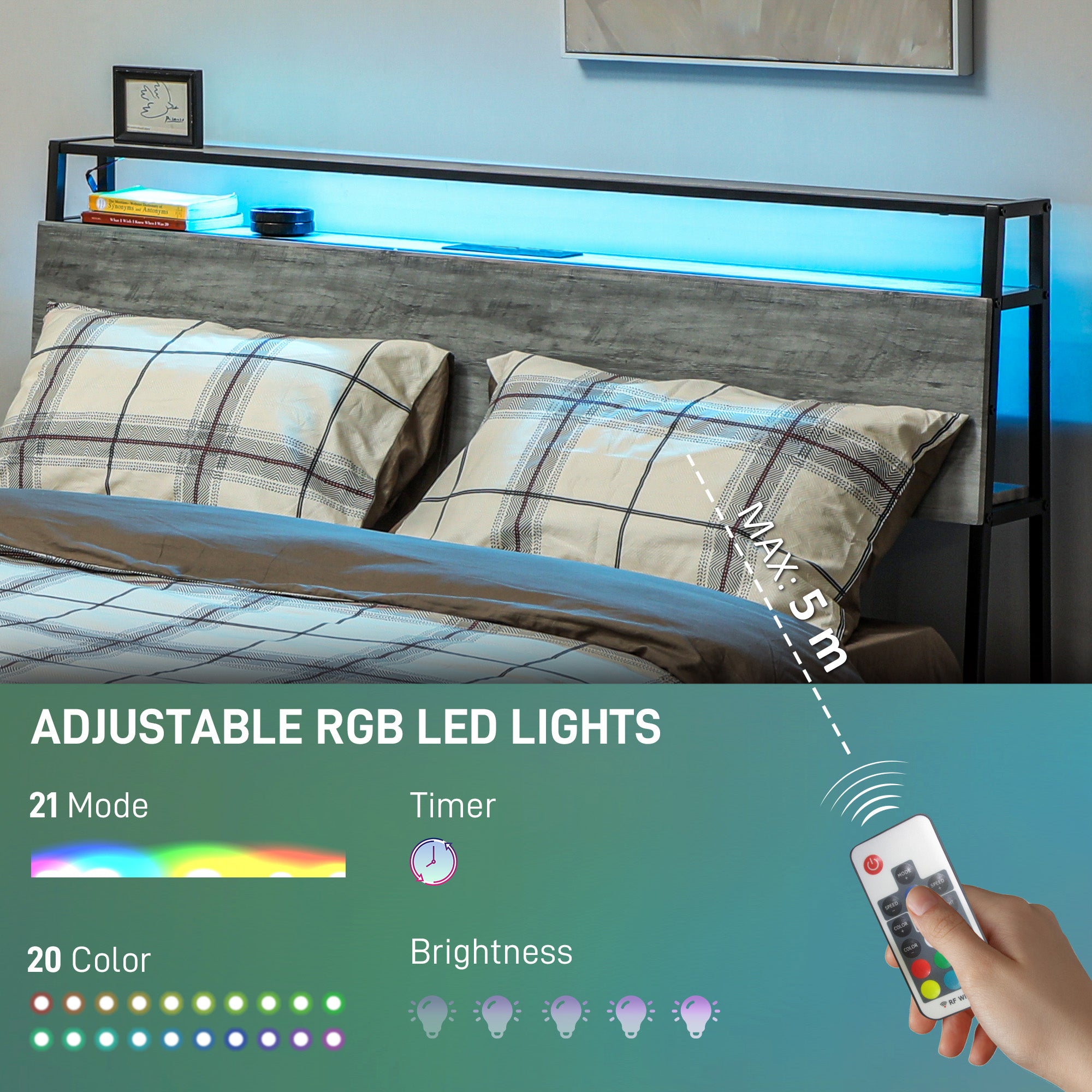 HOMCOM King Steel Bed Frame, with LED Lights and Headboard Shelf - Grey - North Peak Garden Furniture