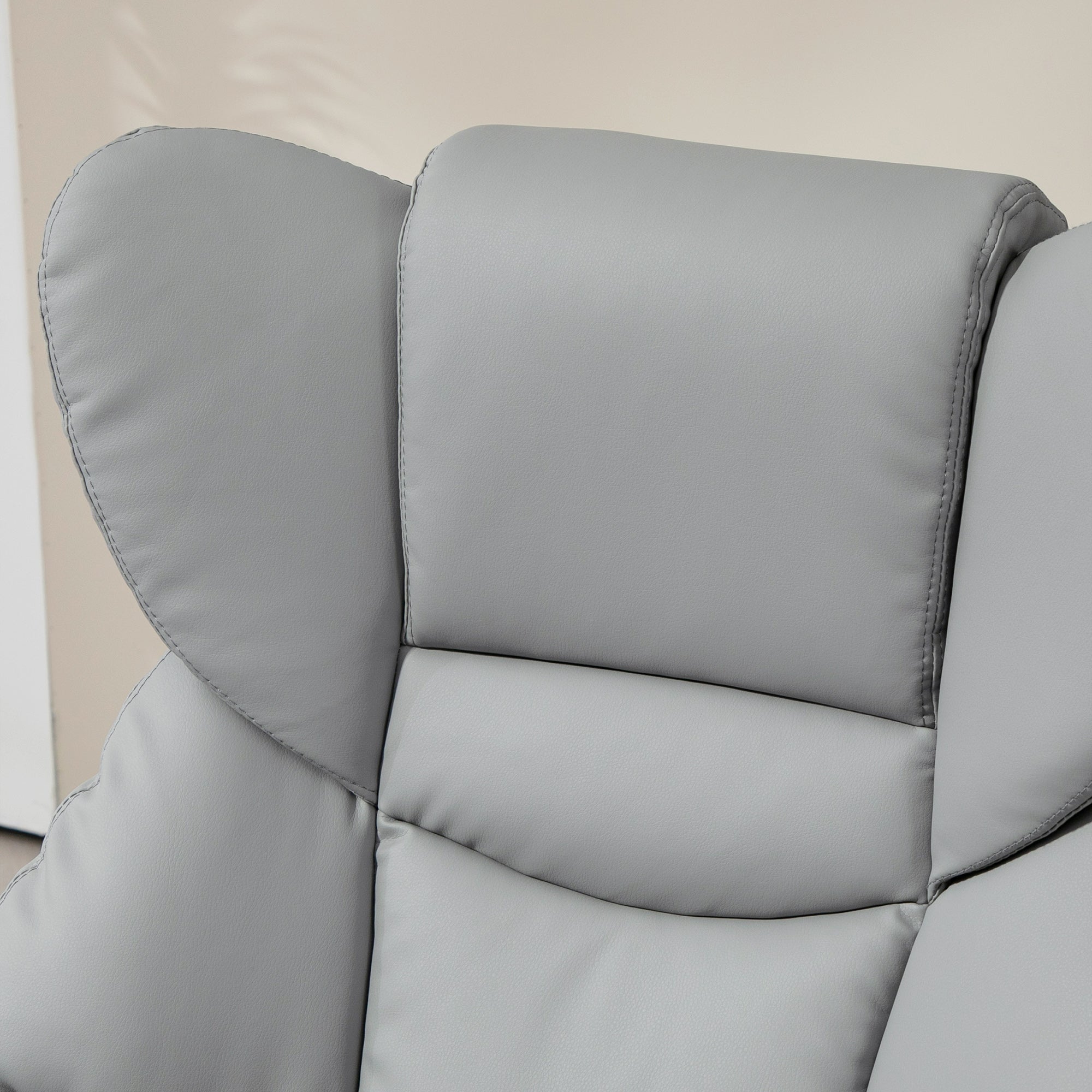HOMCOM Faux Leather Recliner Chair and Footstool, Swivel Upholstered Armchair and Footstool with Adjustable Backrest, Solid Wood Base for Living Room, Light Grey - North Peak Garden Furniture