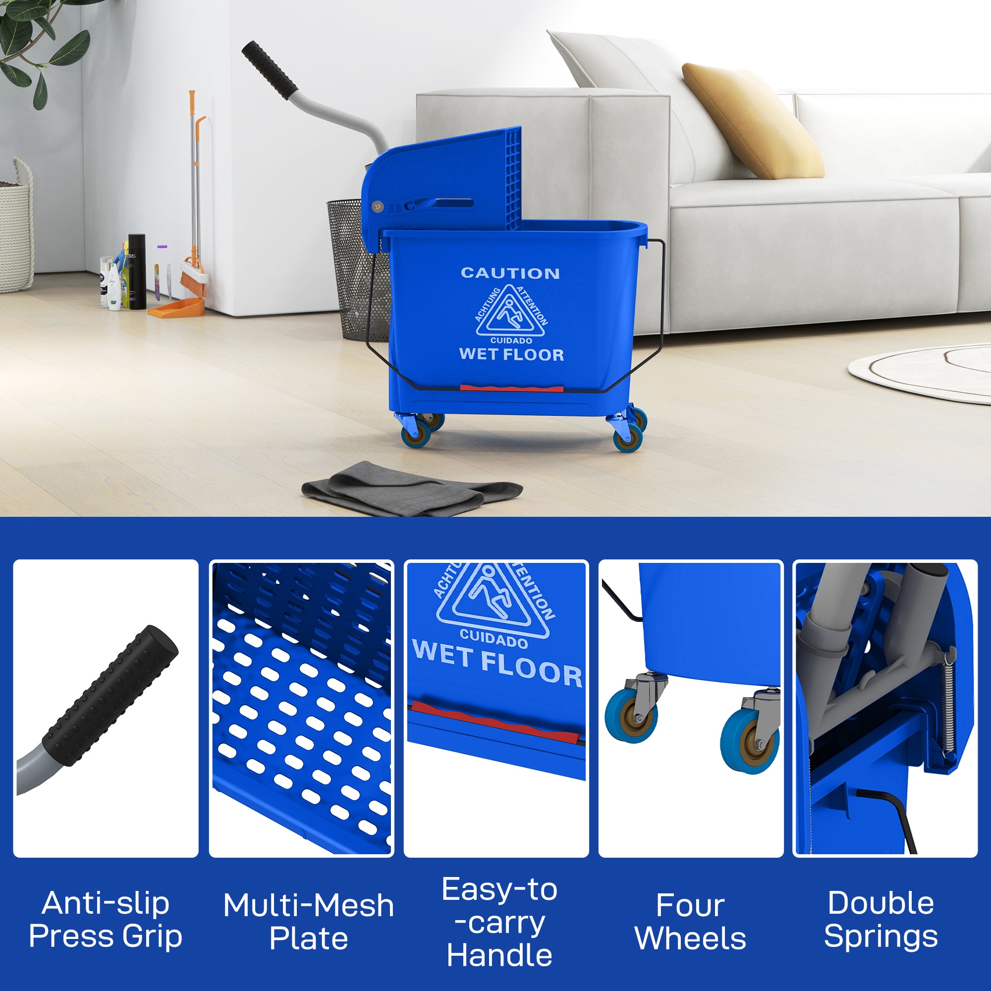 HOMCOM 20L Mop Bucket on Wheels, with Water Separation Panel - Blue - North Peak Garden Furniture