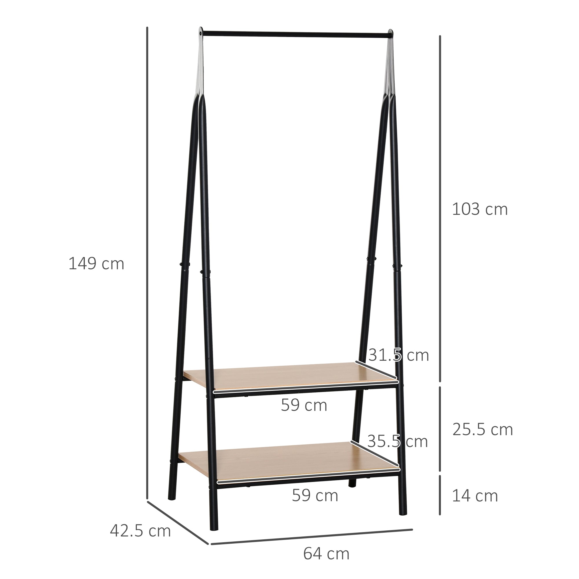 HOMCOM Clothes Rail, Freestanding Metal Clothes Rack with 2 Tier Storage Shelves for Bedroom and Entryway, 64 x 42.5 x 149 cm, Black Frame - North Peak Garden Furniture