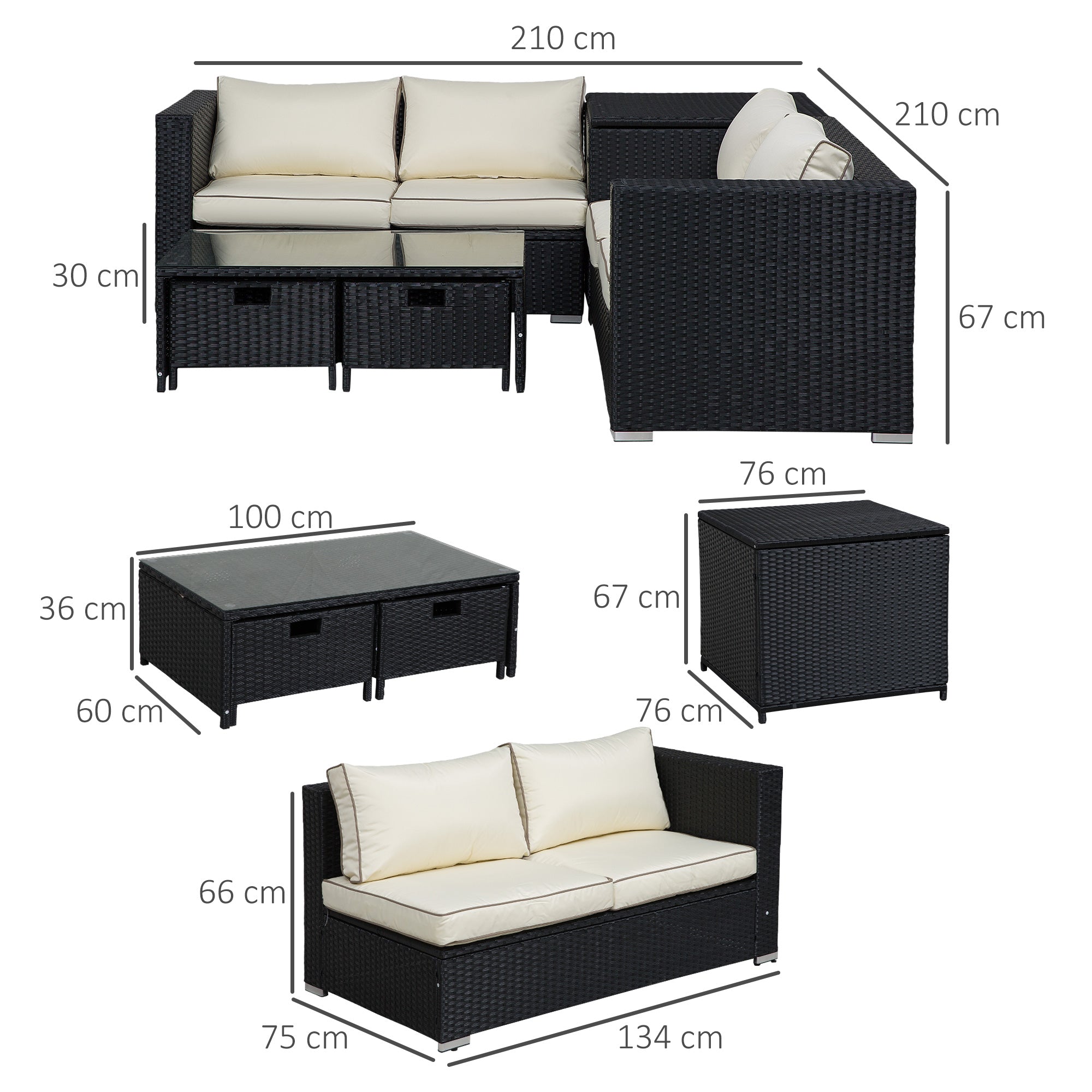 Outsunny 4 Pcs Rattan Wicker Garden Furniture Patio Sofa Storage & Table Set w/ 2 Drawers Coffee Table,Great Cushioned 4 Seats Corner Sofa - Black - North Peak Garden Furniture