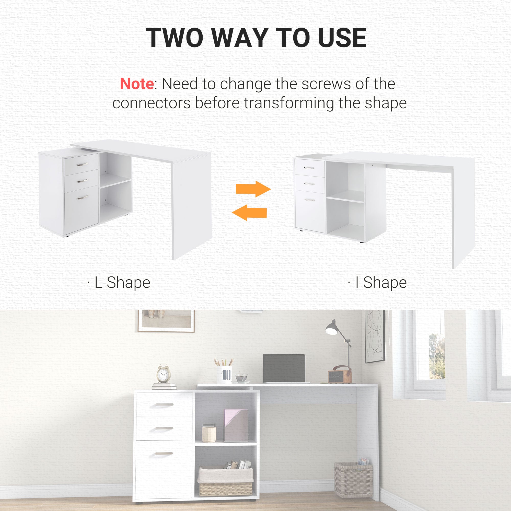 HOMCOM L-Shaped Computer Desk, 2 Shaped Corner Desk with Drawers, File Cabinet and Storage Shelves, Home Office Desk, 117 x 83.5 x 76cm, White