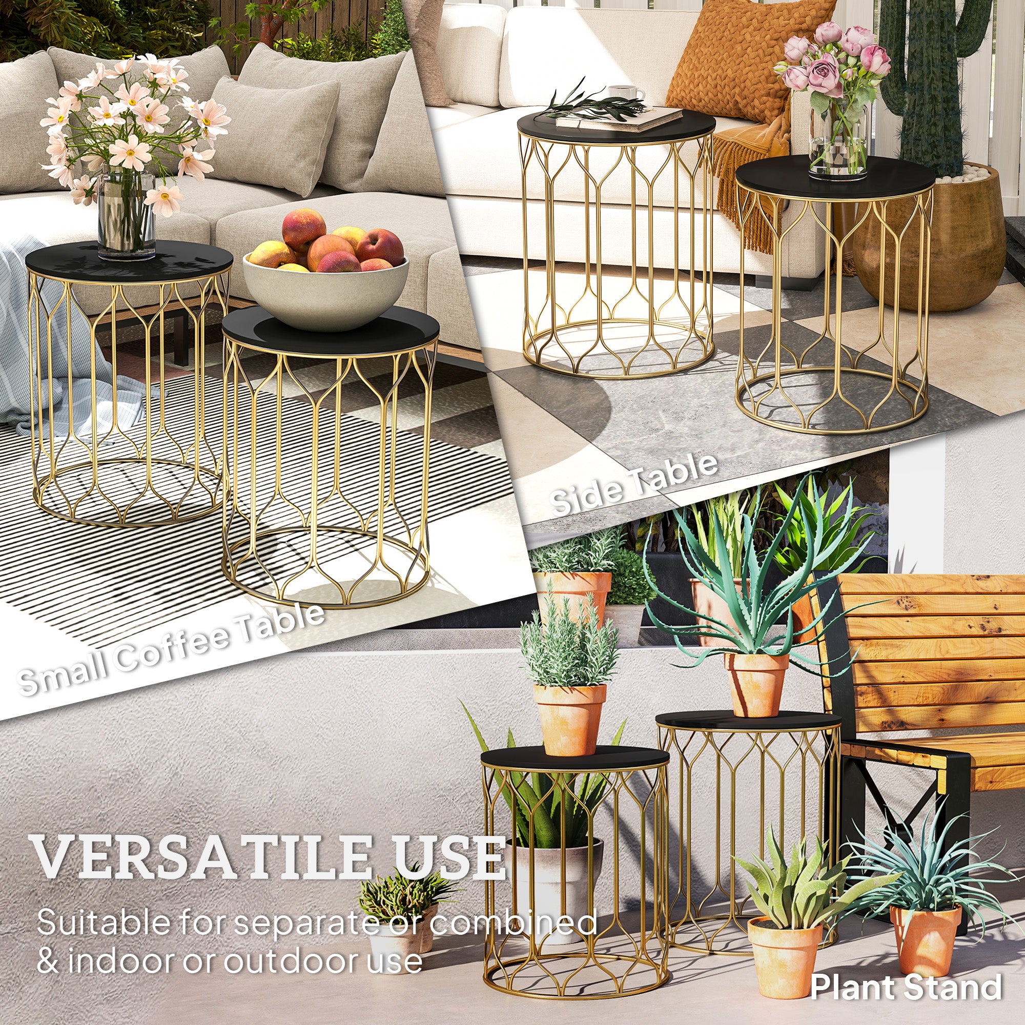 Outsunny Garden Side Table Set of 2, Nesting Tables with Ceramic Tile Top, Indoor Outdoor Small Garden Tables, Multifunctional End Tables with Metal Frame for Patio, Balcony, Porch, Black - North Peak Garden Furniture
