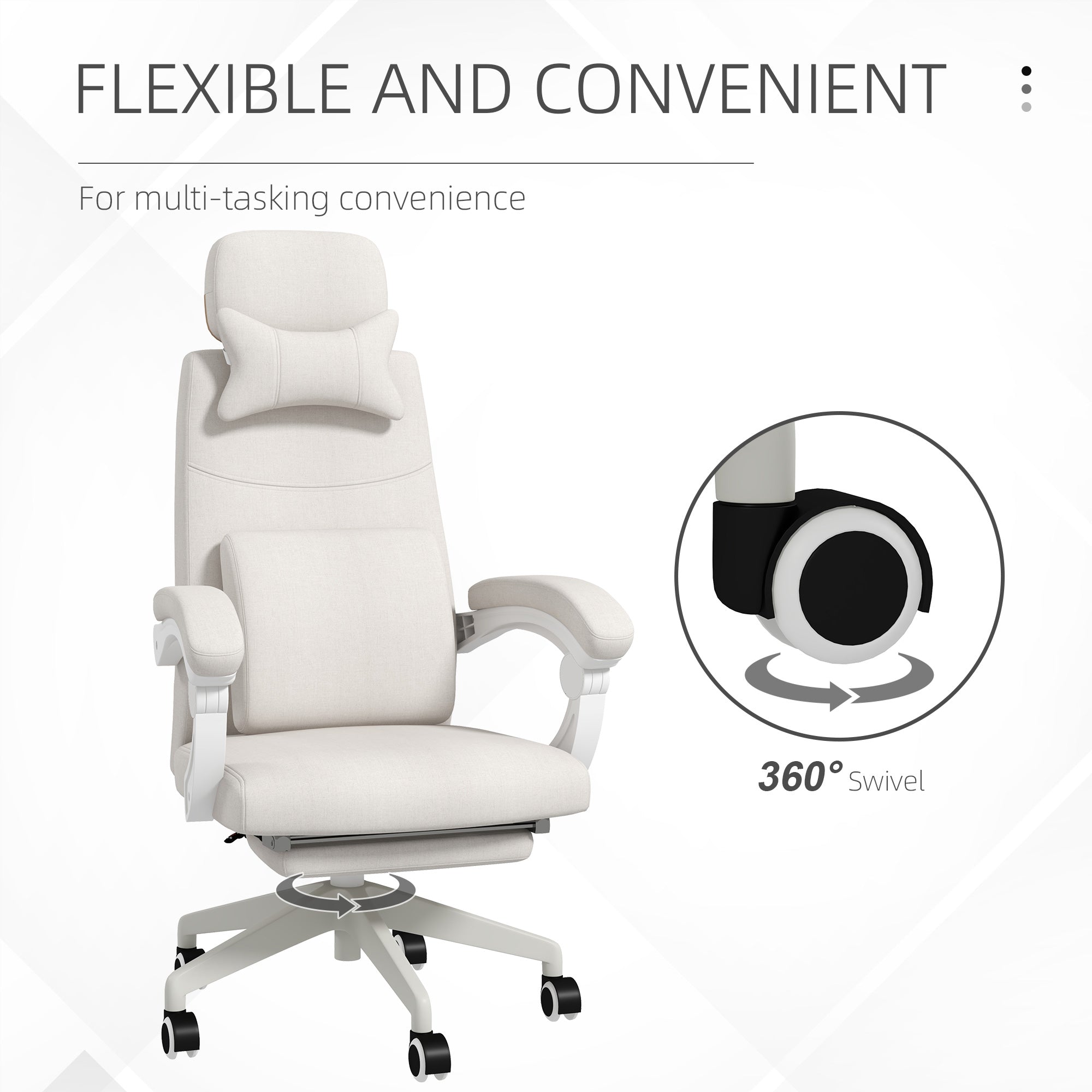 Vinsetto Linen-Look Office Chair, with 160° Reclining Back and Footrest - White - North Peak Garden Furniture