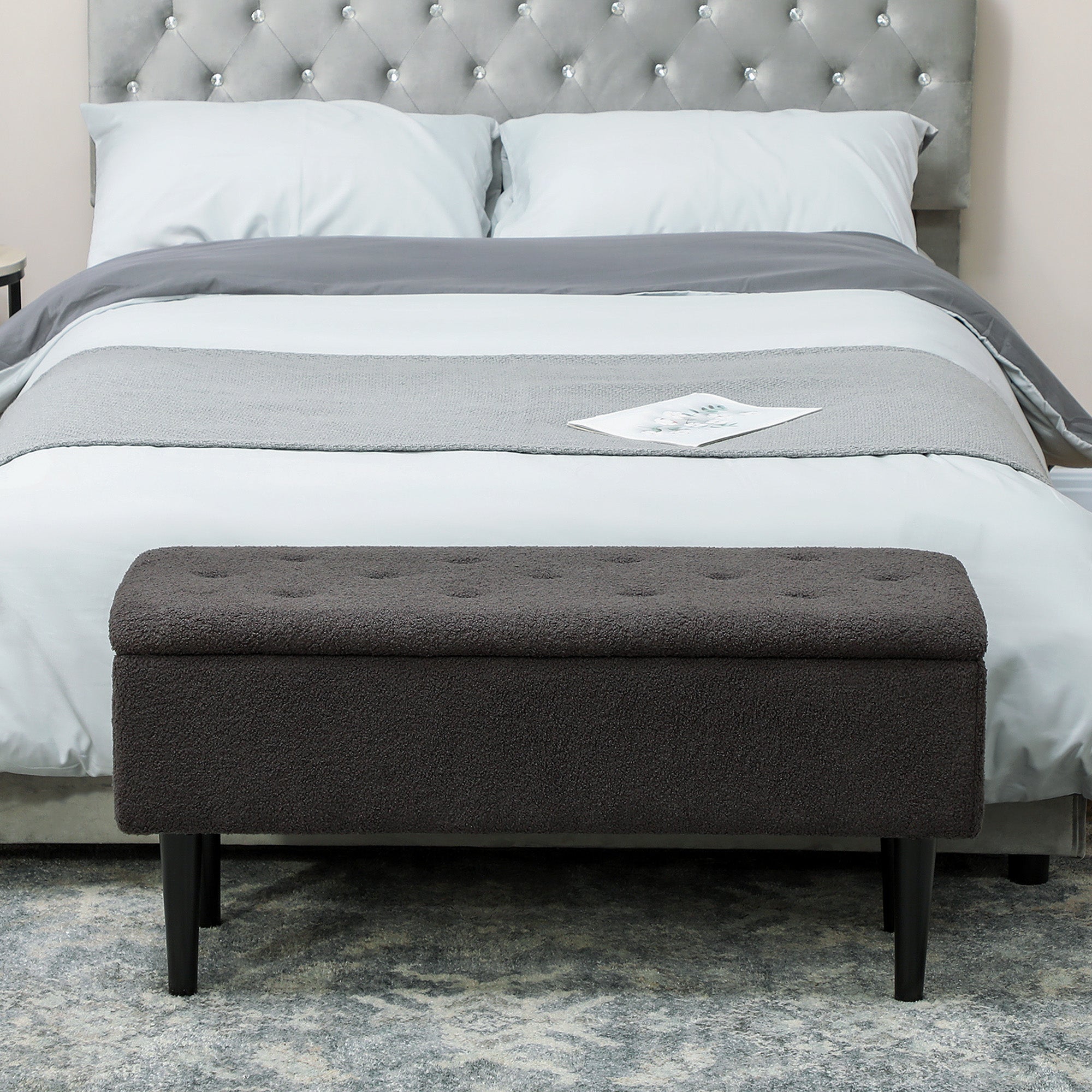 HOMCOM 47L Teddy Fleece Storage Ottoman - Dark Grey - North Peak Garden Furniture