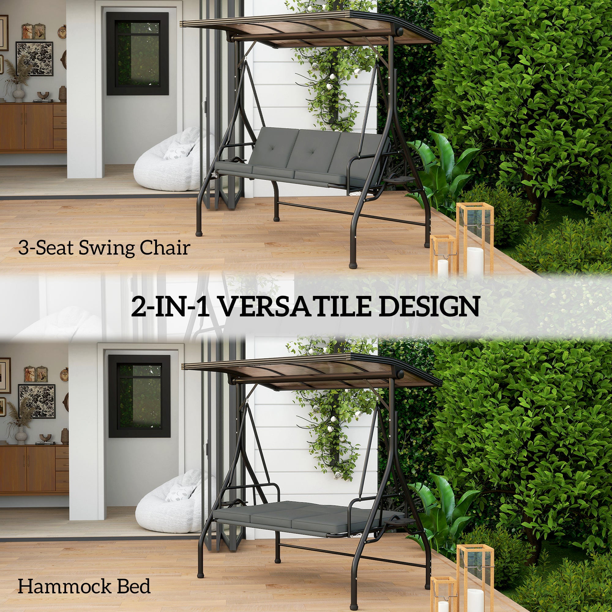 Outsunny Convertible Three-Seater Swing Bench Bed - Dark Grey