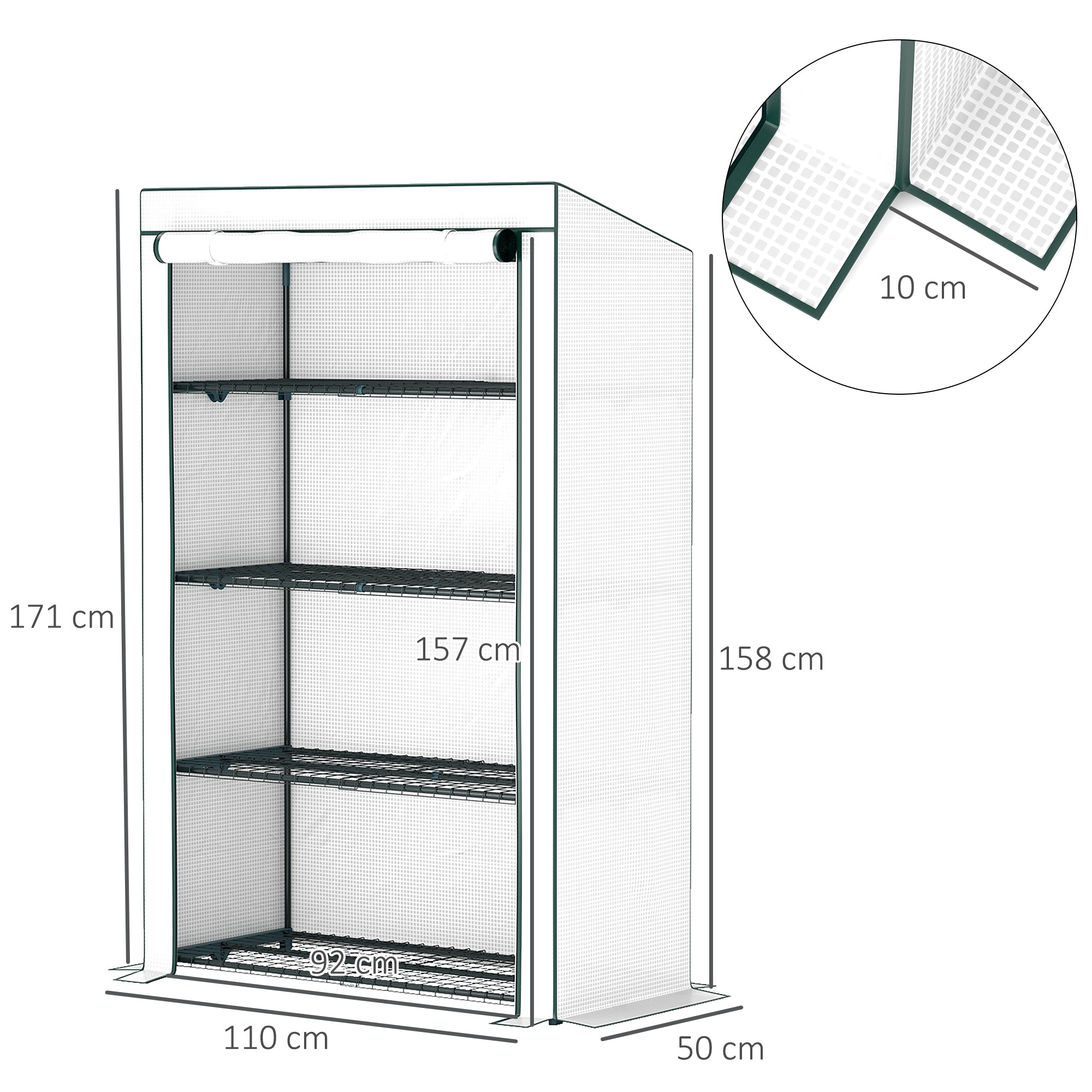 Outsunny 4 Tier Lean-to Mini Greenhouse with Reinforced PE Cover, Portable Small Greenhouse with Roll-Up Door, Green Hemmed Edging, 110 x 50 x 171cm, Green - North Peak Garden Furniture