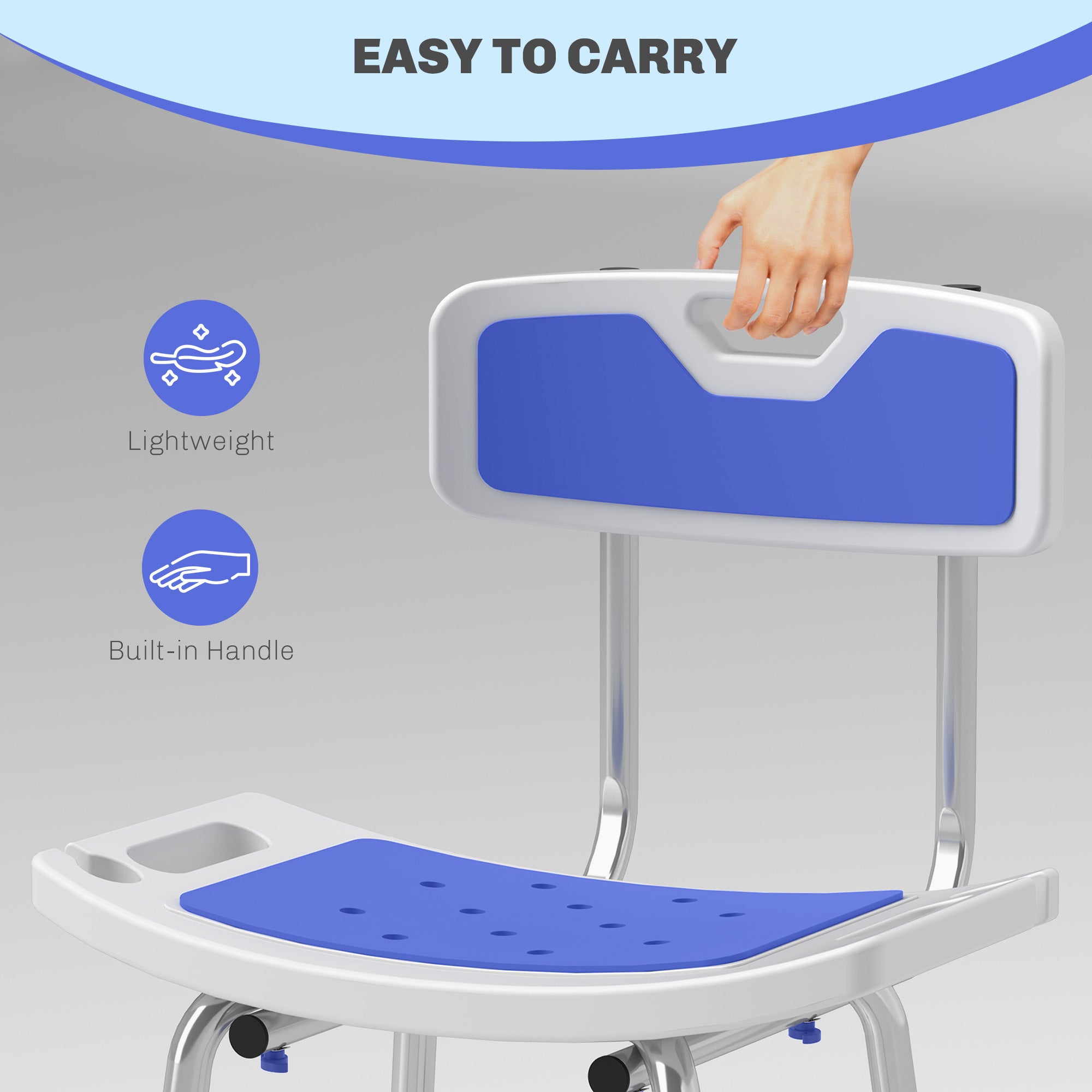 HOMCOM Shower Stool with Backrest, Height Adjustable Shower Chair with Anti-slip Foot Pads, Shower Head Holder, Blue - North Peak Garden Furniture