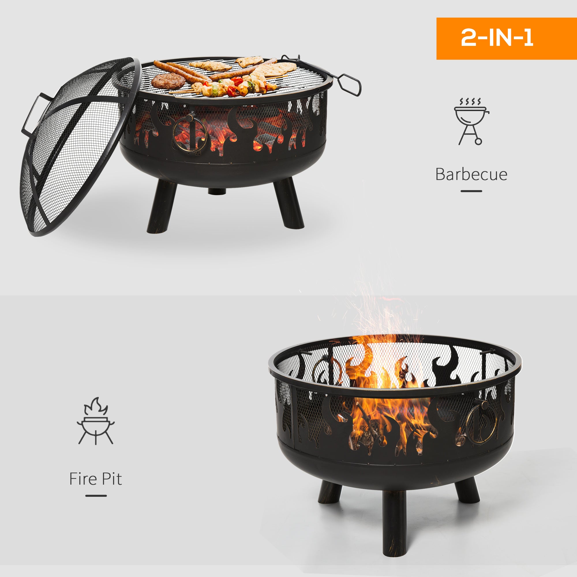 Outsunny 2-in-1 Outdoor Fire Pit with Cooking Grate Steel BBQ Grill Bowl Heater with Spark Screen Cover, Fire Poker for Backyard Bonfire Patio