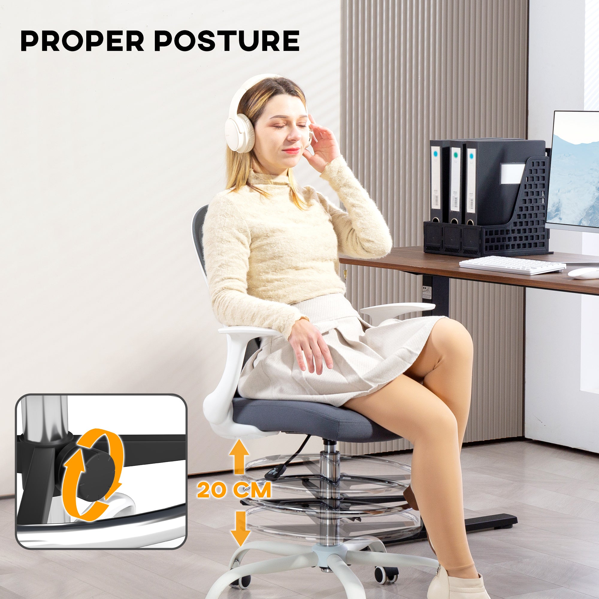 HOMCOM Draughtsman Chair, Mesh Drafting Chair, Ergonomic Office Chair with Flip-up Armrest, Adjustable Foot Ring, Grey - North Peak Garden Furniture