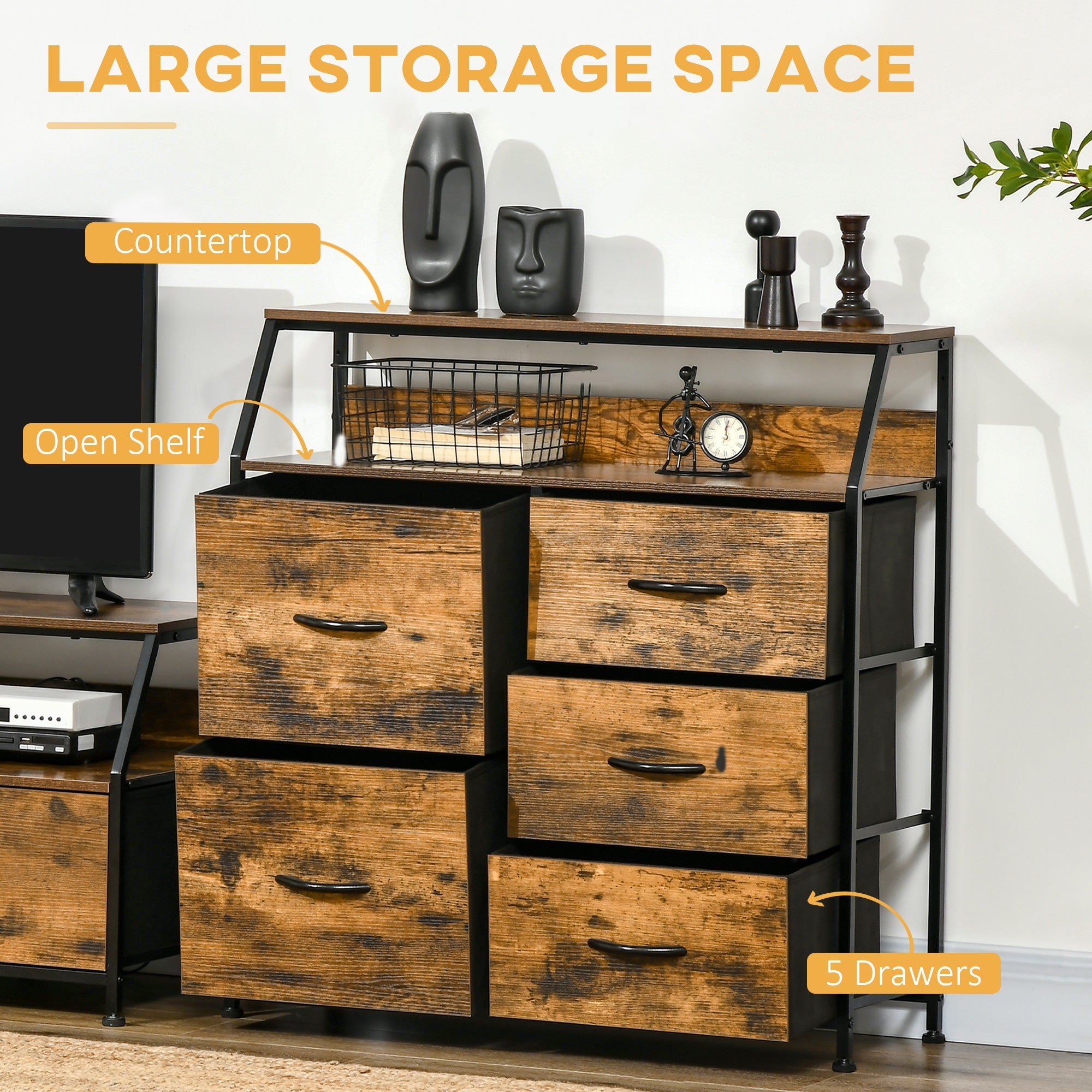HOMCOM Bedroom Chest of Drawers, Industrial 5 Fabric Drawer Dresser with Open Shelf for Living Room, Rustic Brown - North Peak Garden Furniture