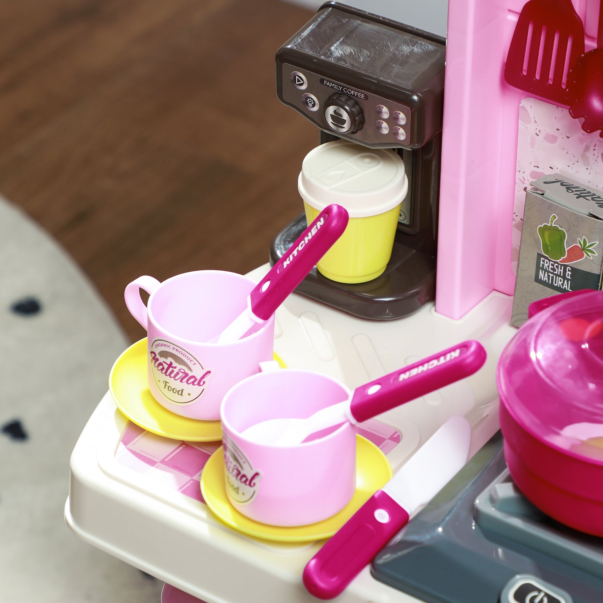 AIYAPLAY Kids Kitchen with 33 Pieces, Lights, Sounds, Storage, for Ages 3-6 Years, Pink - North Peak Garden Furniture