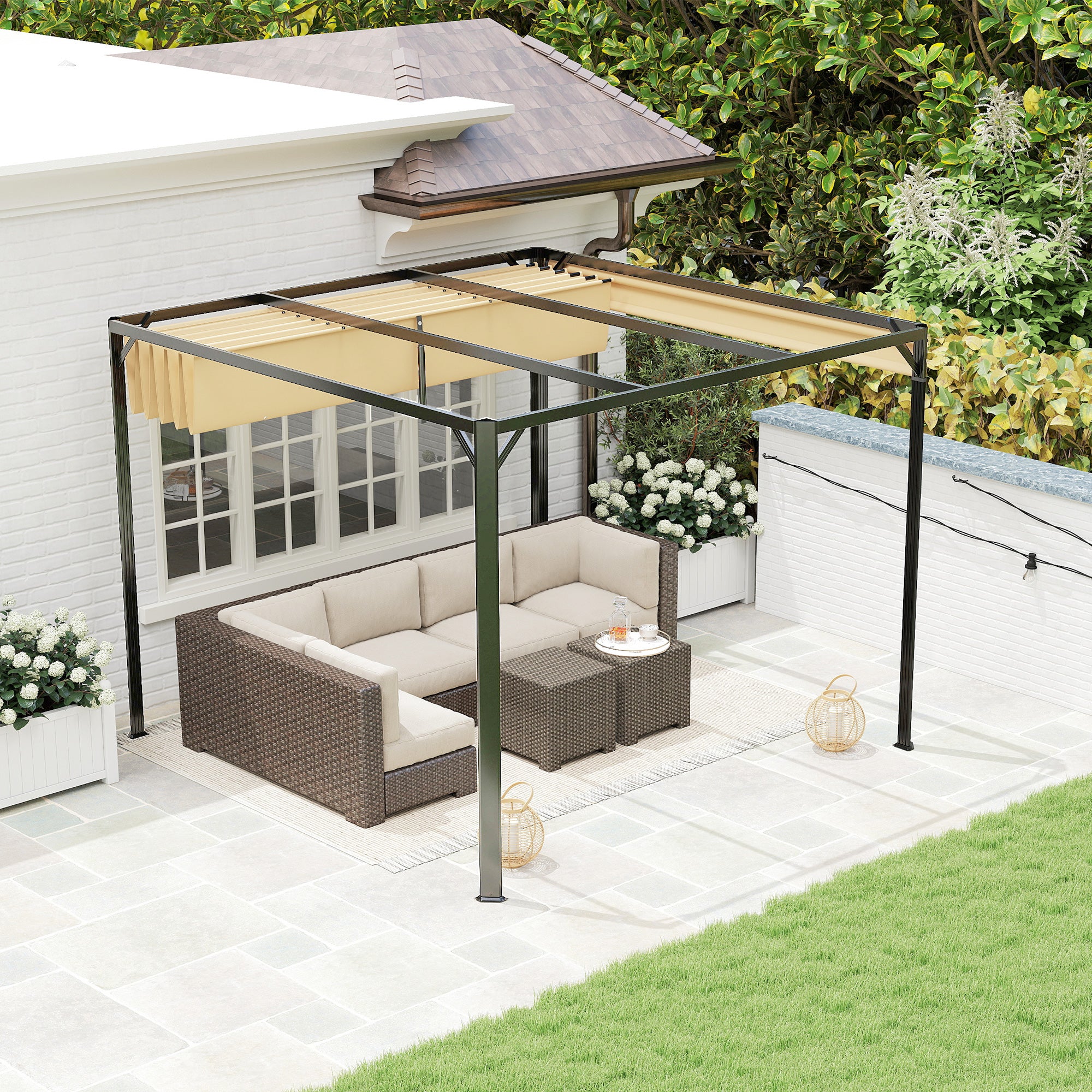 Outsunny 3 x 3m Aluminium Pergola, with Retractable Roof and Wall - Khaki - North Peak Garden Furniture