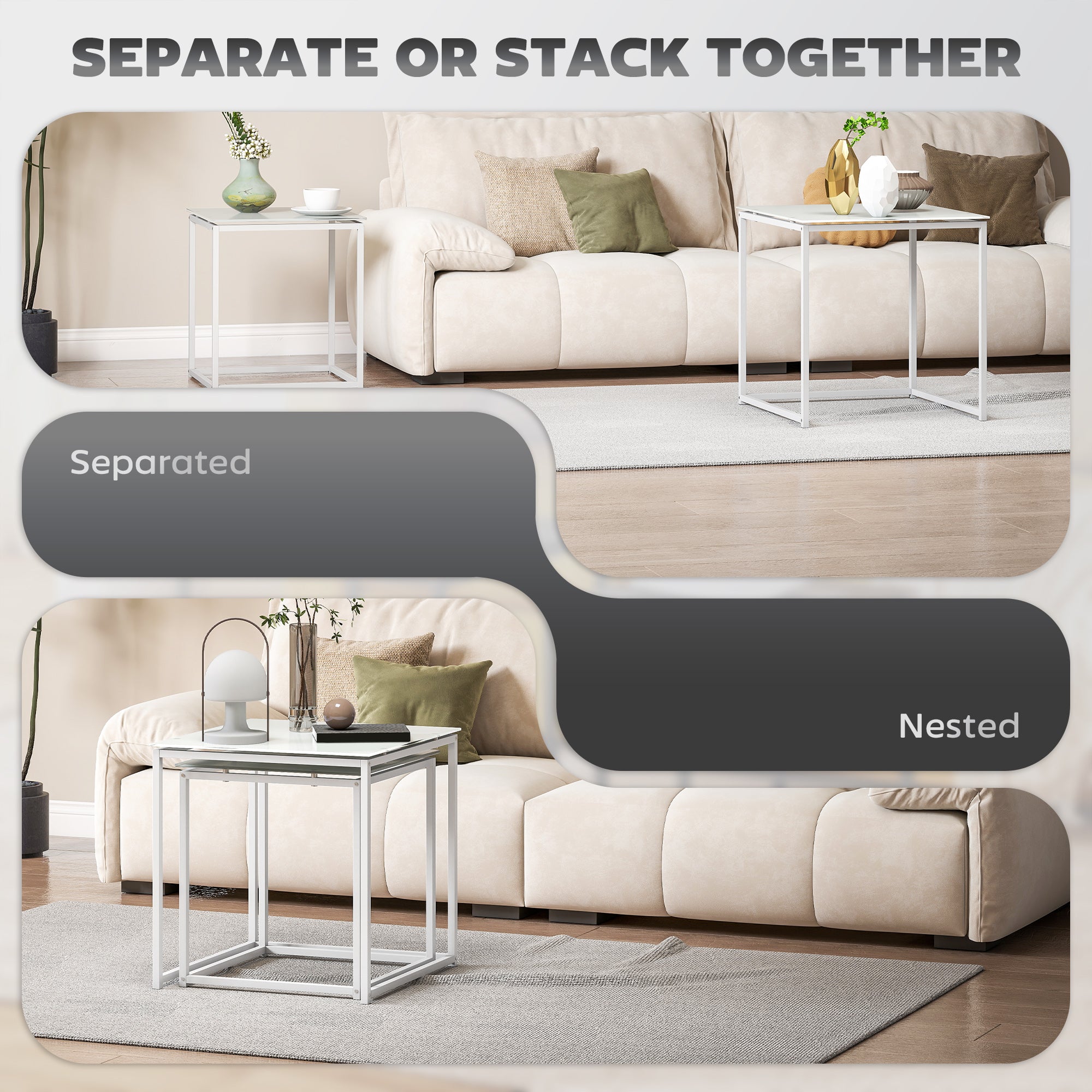 HOMCOM Nest of Tables, Set of 2 Coffee Table, Side Tables with Tempered Glass Desktop and Metal Frame for Living Room, Bedroom, Office, White - North Peak Garden Furniture
