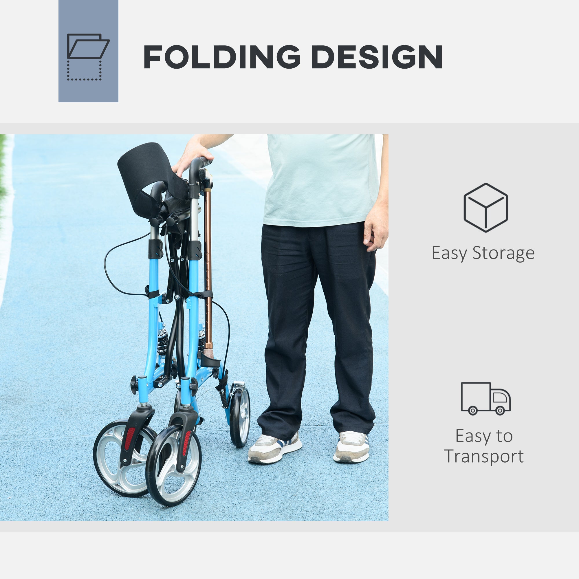 HOMCOM 4 Wheel Rollator with Seat and Back, Lightweight Folding Mobility Walker with Large Wheels, Carry Bag, Adjustable Height, Aluminium Walking Frame with Dual Brakes for Seniors, Blue - North Peak Garden Furniture