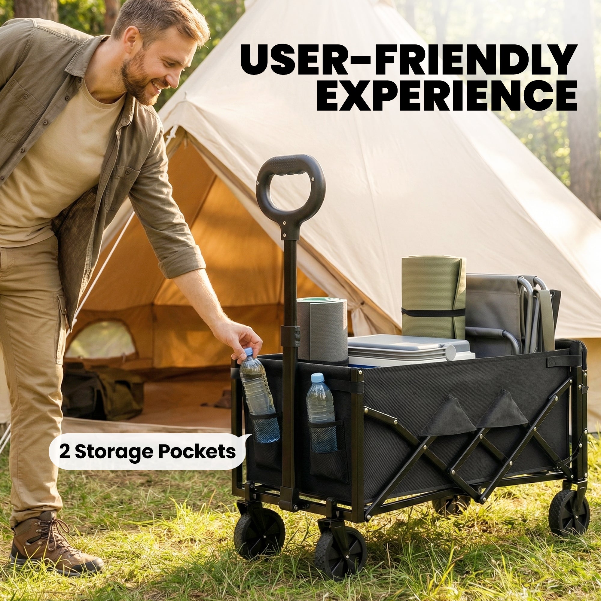 Outsunny 80L Foldable Festival Trolley on Wheels, Collapsible Wagon Cart with Drop-Down Tailgate, Adjustable Handle, Black