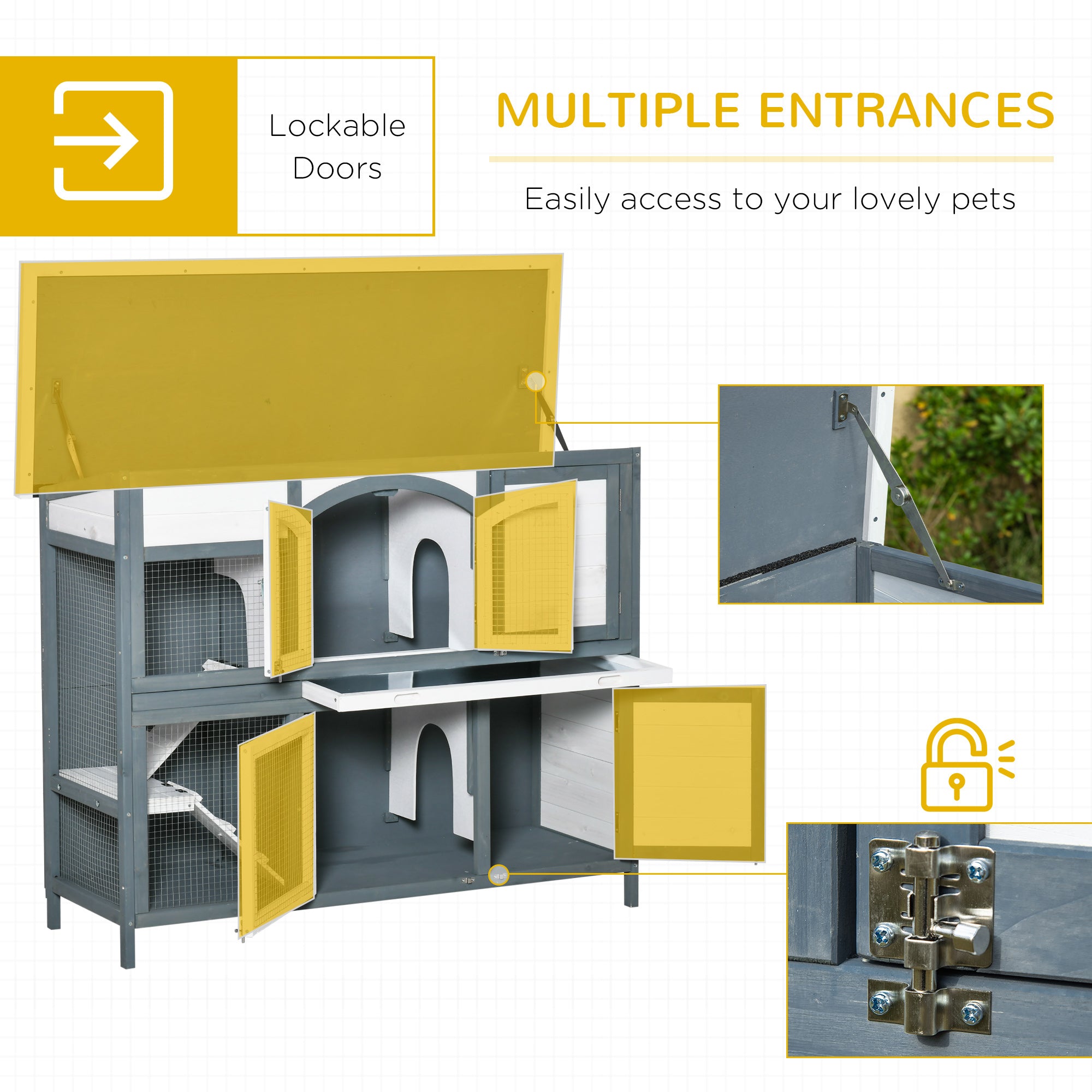 PawHut Rabbit Hutch Outdoor Guinea Pig Hutch 2 Tier Wooden Cage w/ Ramp, Divider, Openable Roof, 125 x 48 x 100cm - Grey - North Peak Garden Furniture