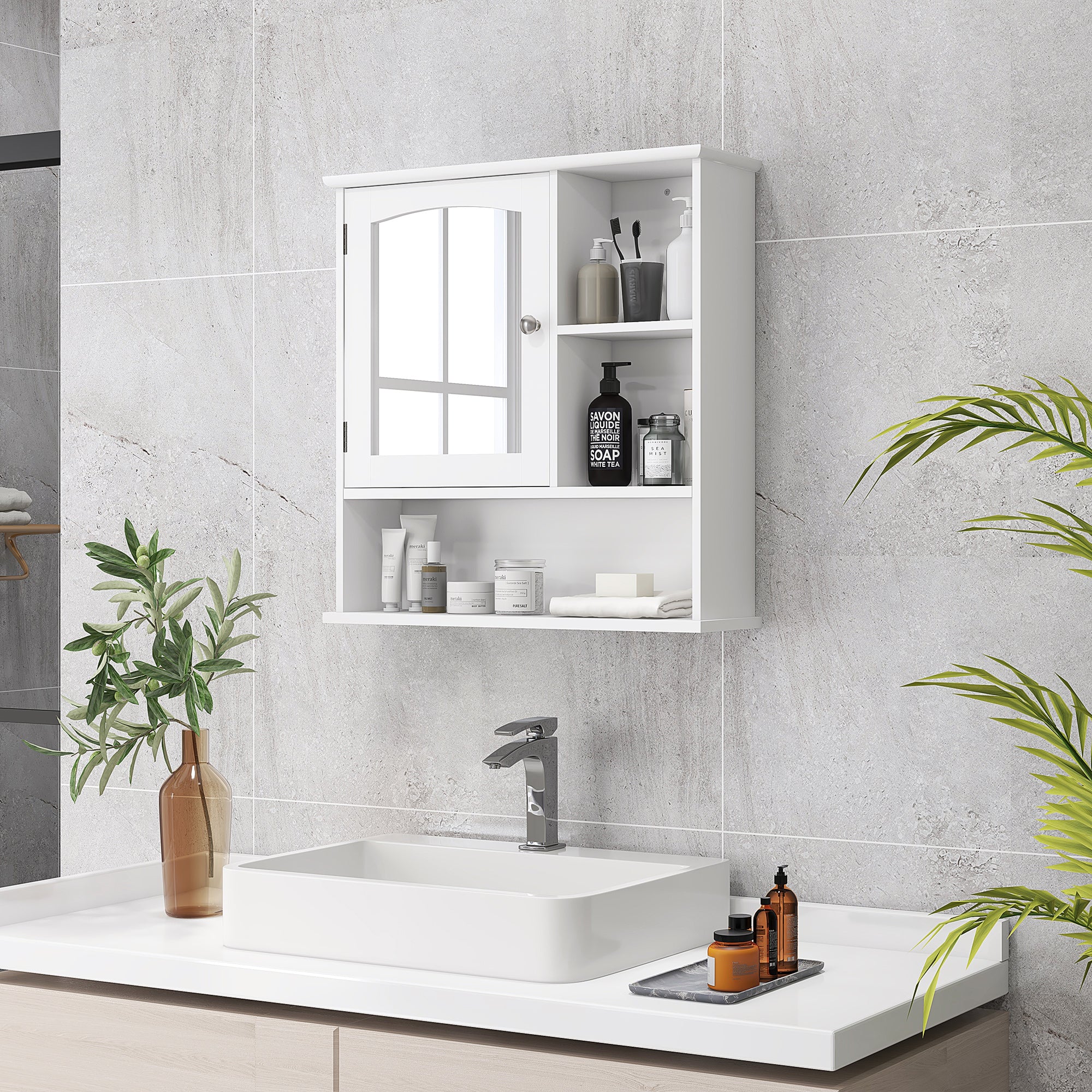 kleankin Bathroom Cabinet, Wall Mount Storage Organizer with Mirror, Adjustable Shelf for Bathroom, Kitchen, Bedroom, White - North Peak Garden Furniture