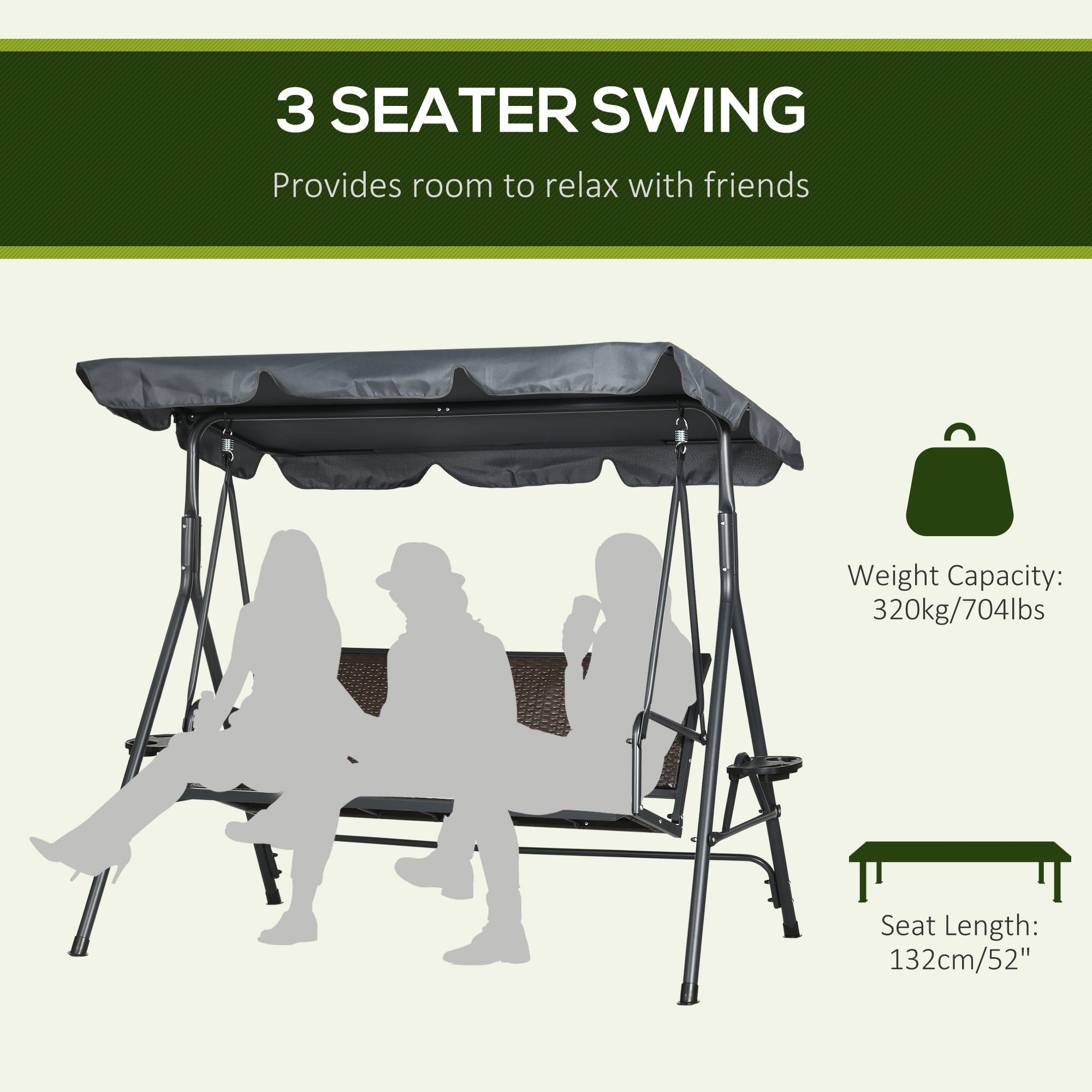 Outsunny 3 Seater Swing Chair, Garden Swing Seat Bench with Adjustable Canopy, Rattan Seat and Steel Frame for Patio, Yard, Dark Grey