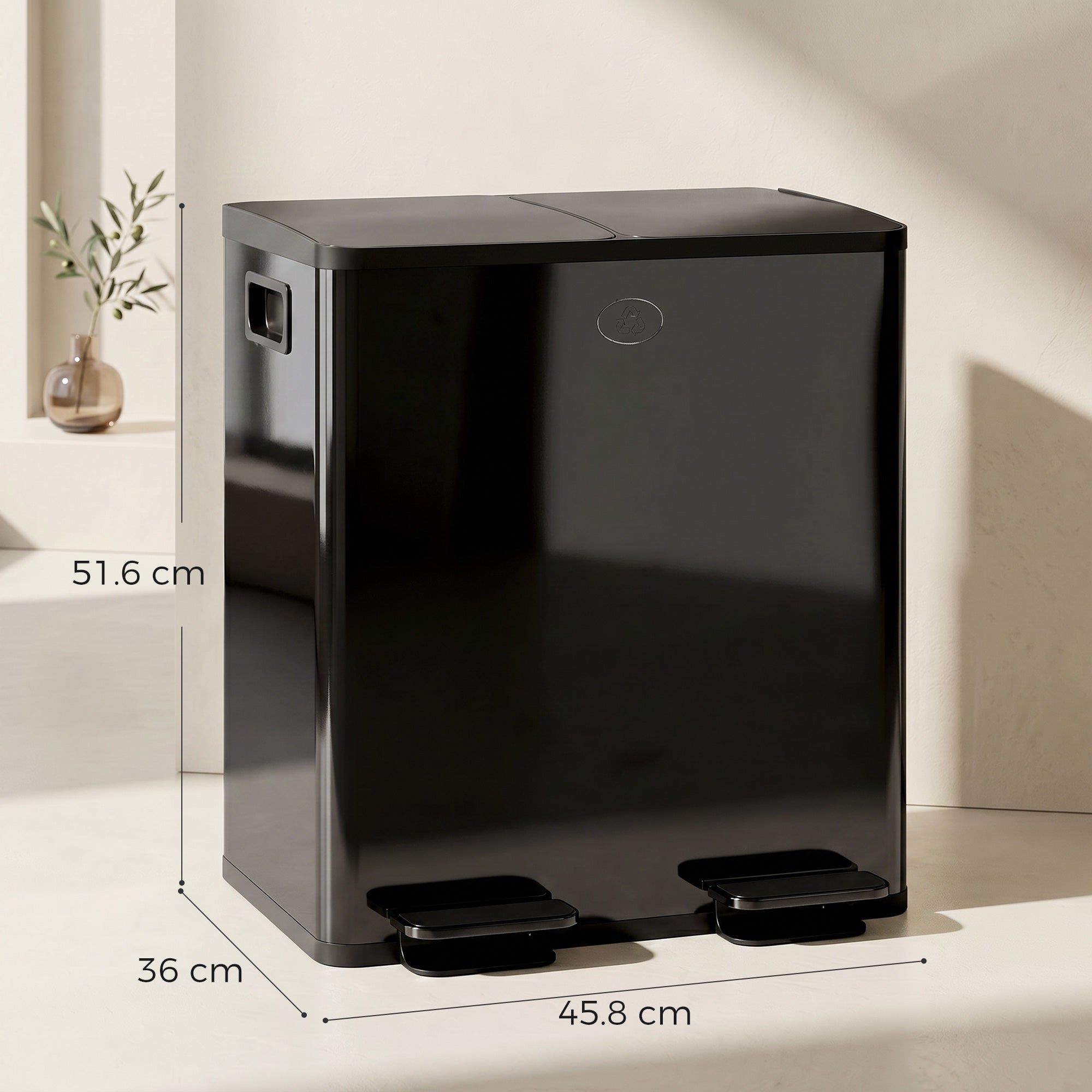 HOMCOM 40L Dual Compartment Stainless Steel Bin, with Deodoriser Holders - Black
