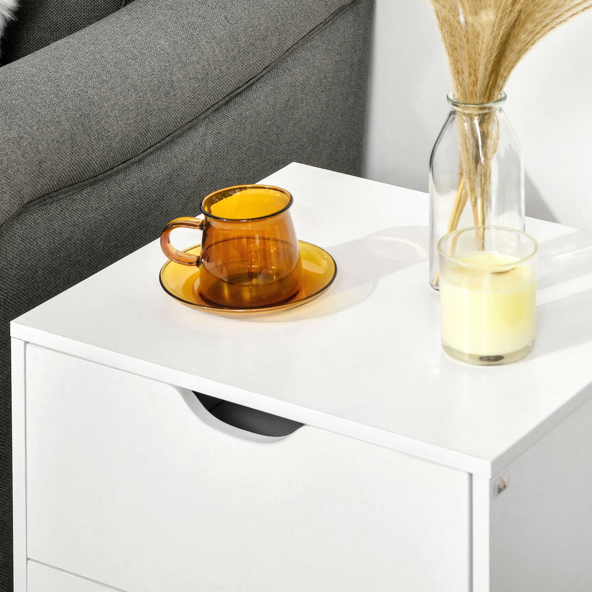 HOMCOM Bedside Table, Bedside Cabinet with 2 Drawers, Side End Table with Pine Wood Legs for Bedroom Living Room, White - North Peak Garden Furniture