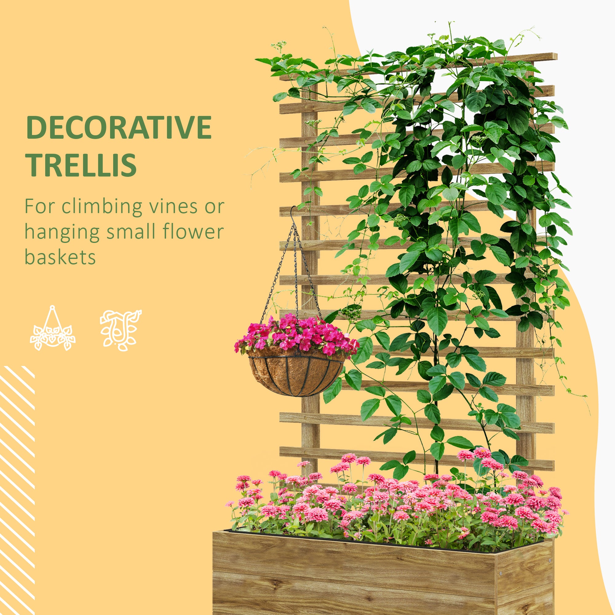 Outsunny Wooden Raised Planter, with Back Trellis - Natural Finish - North Peak Garden Furniture