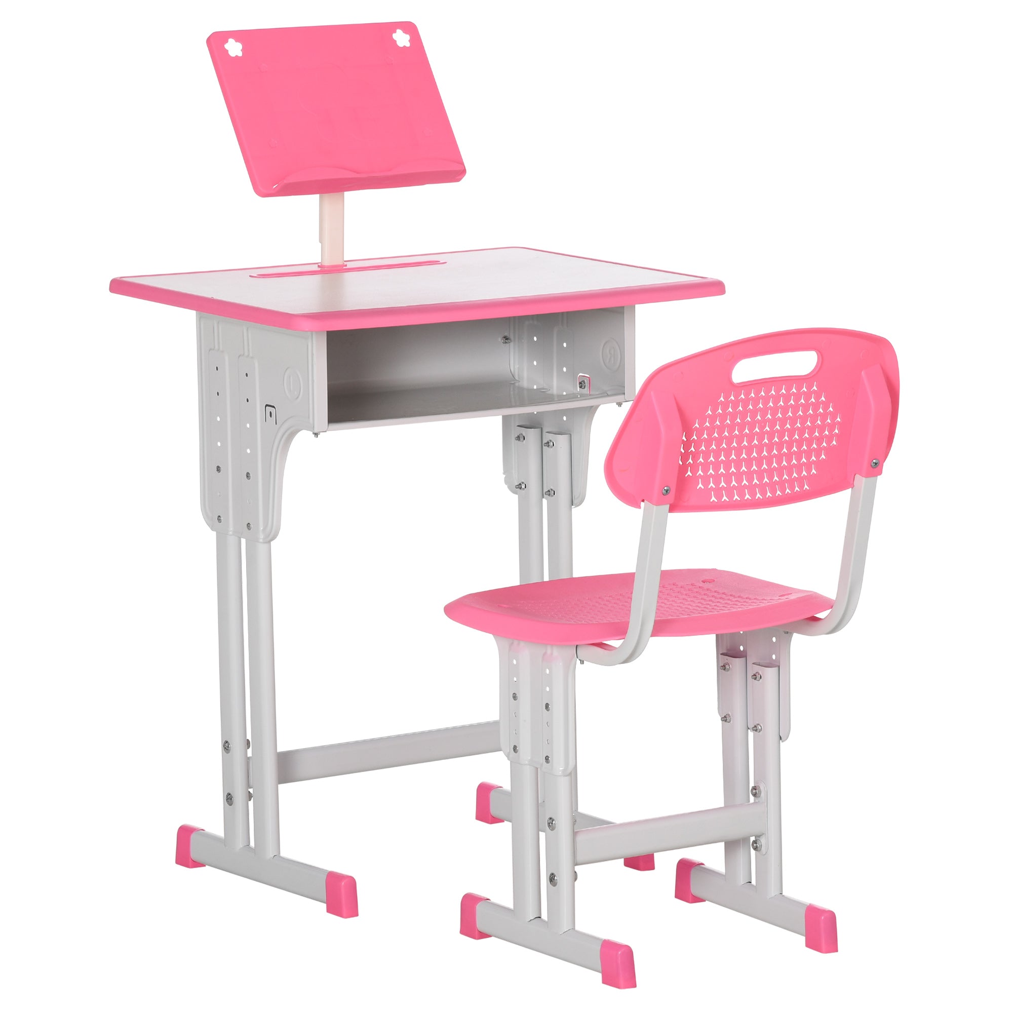 HOMCOM Kids Adjustable Desk and Chair Set, Book Stand, Pen Slot - Pink