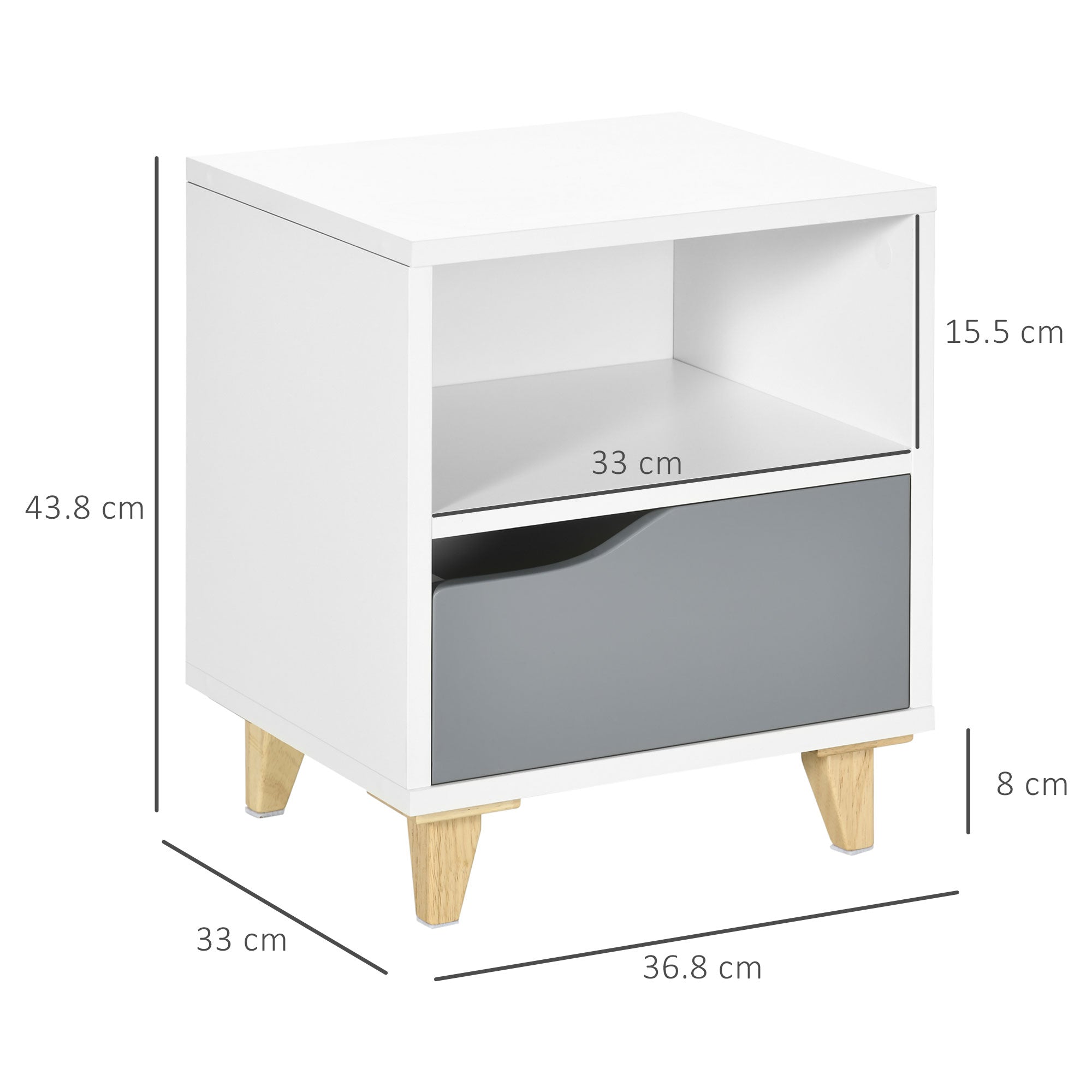 HOMCOM Modern Bedside Table, Side End Table with Shelf, Drawer and Wood Legs, 36.8cmx33cmx43.8cm, White and Grey - North Peak Garden Furniture