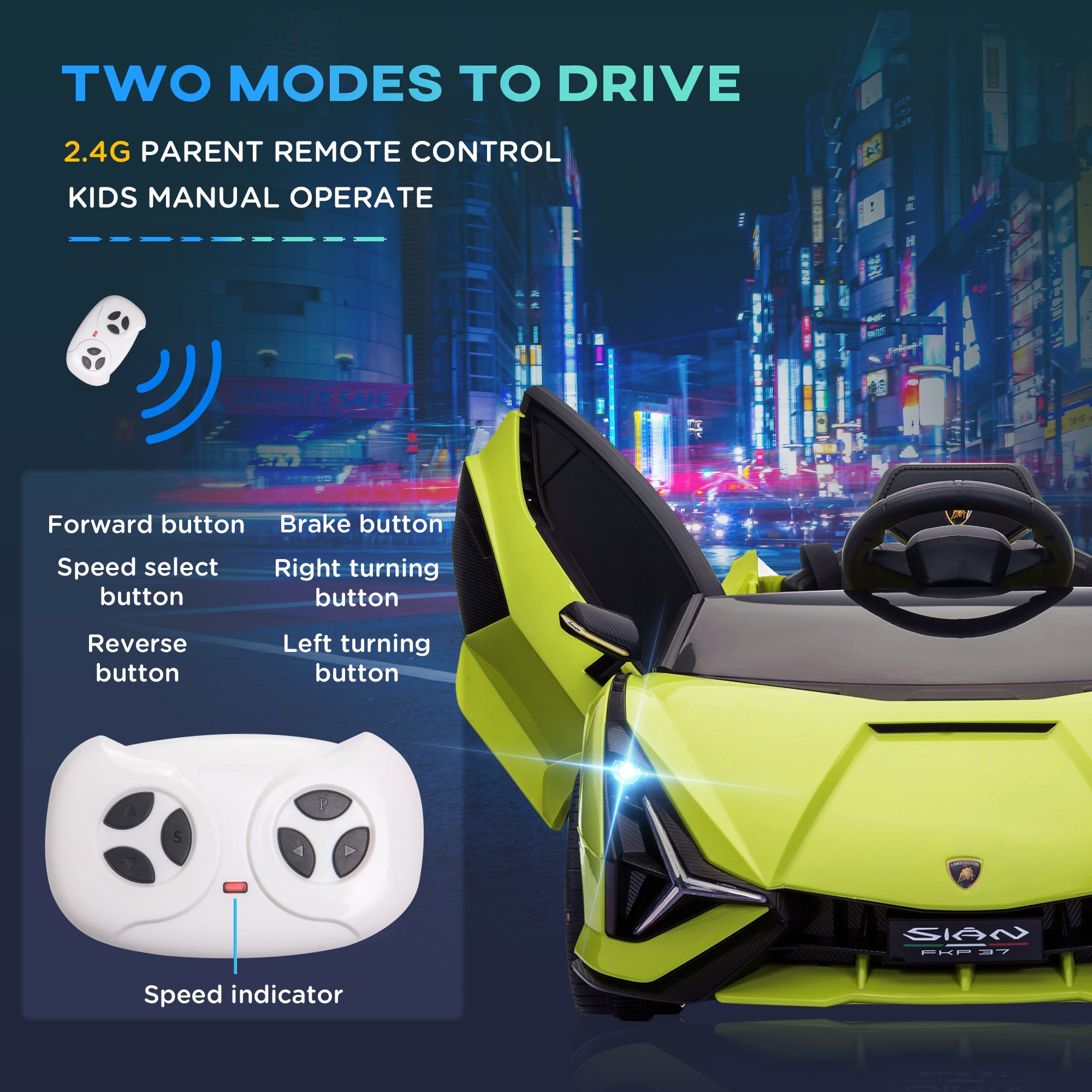 HOMCOM Lamborghini Sian Licensed 12V Kids Electric Ride On Car 2 Motors Toy Car with Remote Control Music Lights MP3 for 3-5 Years Green - North Peak Garden Furniture