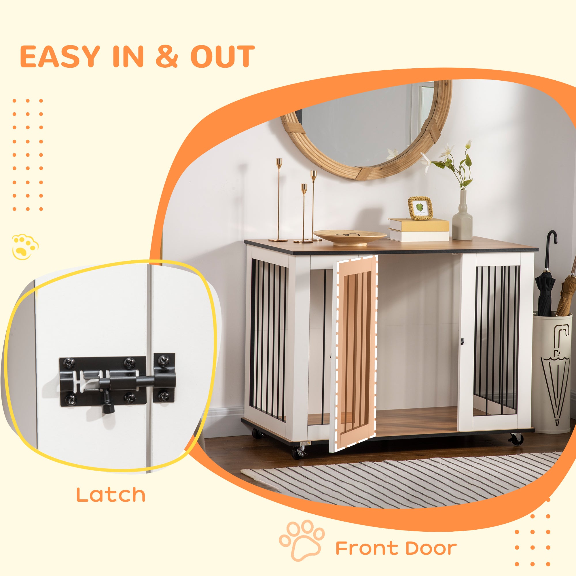 PawHut Dog Crate Furniture, Dog Cage End Table with Wheels, Lockable Door, for Medium Dogs, 106 x 60 x 82 cm - White - North Peak Garden Furniture