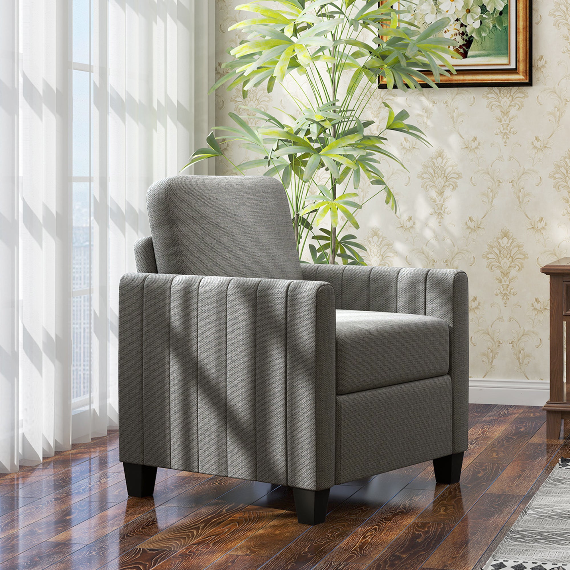 HOMCOM Modern Boxy Linen-Look Armchair - Light Grey - North Peak Garden Furniture