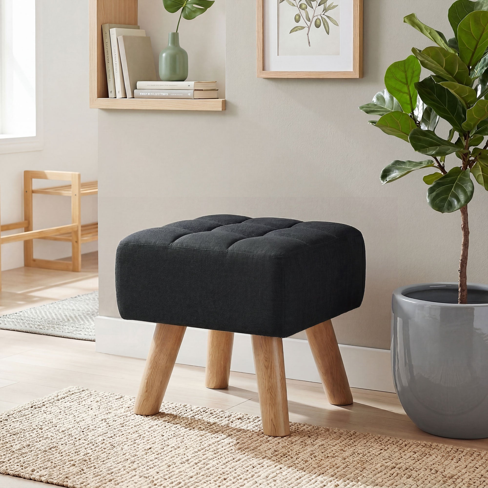 HOMCOM Linen-Look Square Padded Footstool - Black