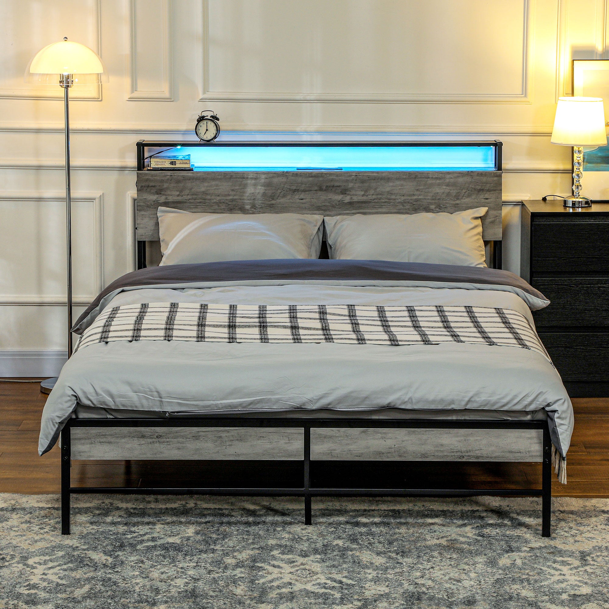 HOMCOM Double Steel Bed Frame, with LED Lights and Headboard Shelf - Grey