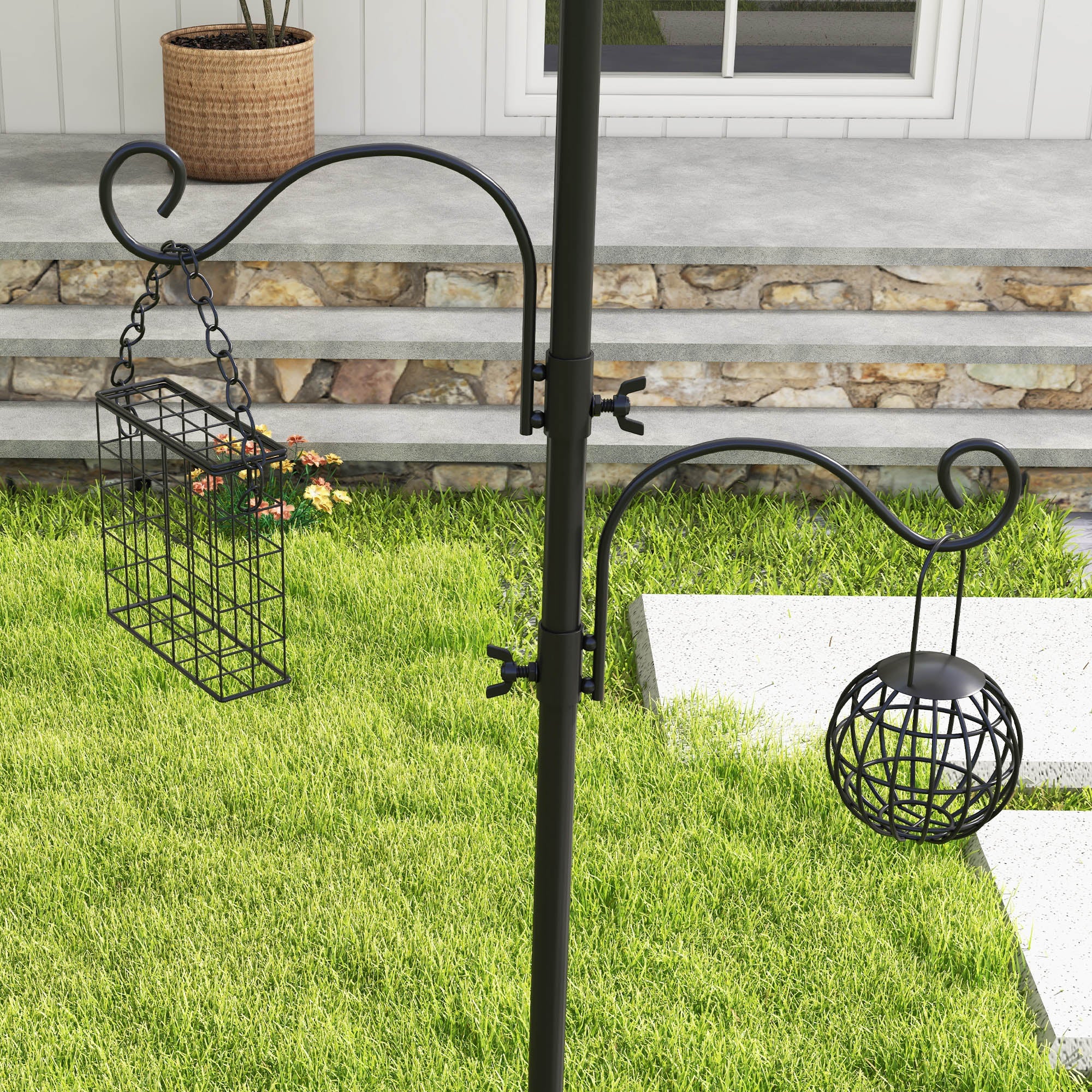 Pawhut Bird Feeding Station Kit, Wild Bird Feeder Pole with 6 Hooks, 4 Hanging Feeders for Peanuts, Seed, Fat Balls, for Garden, Outdoor, Black - North Peak Garden Furniture