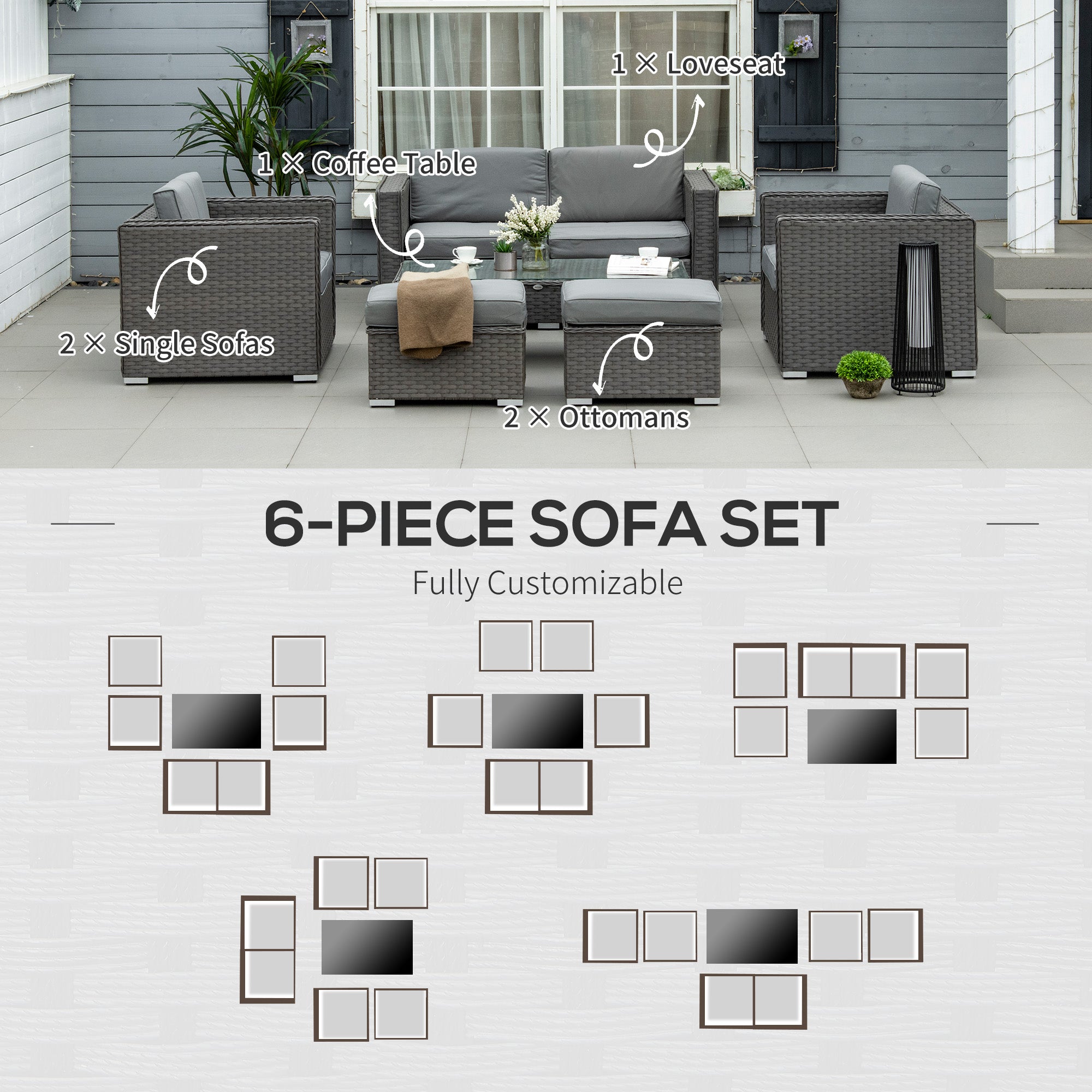 Outsunny 6PC Garden Rattan Sofa Set Bonzer Outdoor Furniture Patio Table Loveseat Stool Lounging Ottoman Aluminium Frame Wicker Weave Conservatory Grey - North Peak Garden Furniture