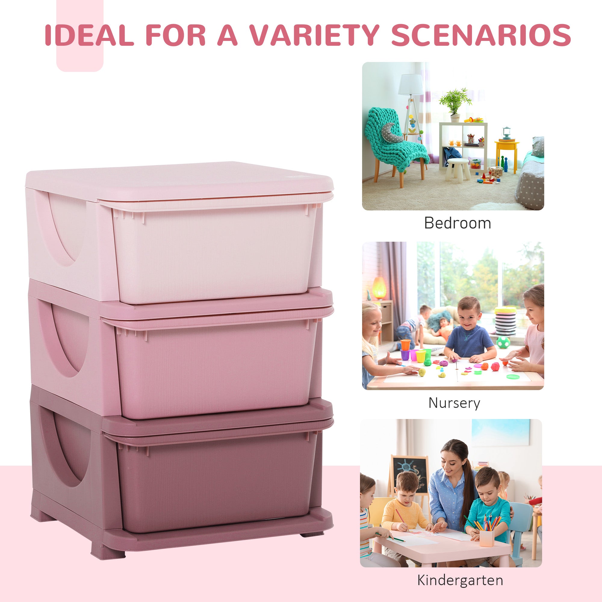 HOMCOM Kids Storage Units with 3 Drawers 3 Tier Chest Vertical Dresser Tower Toy Organizer for Nursery Playroom Kindergarten Pink