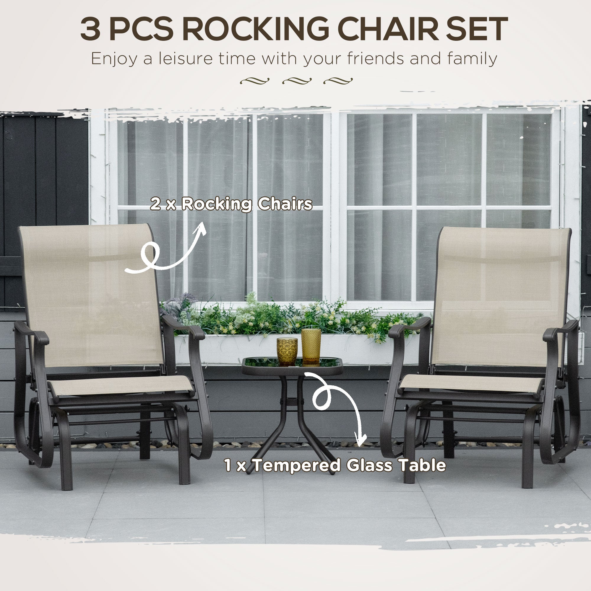 Outsunny Set of 3 Gliding Chair & Tea Table Set, Outdoor Rocker Set with 2 Armchairs, Tempered Glass Tabletop, Khaki