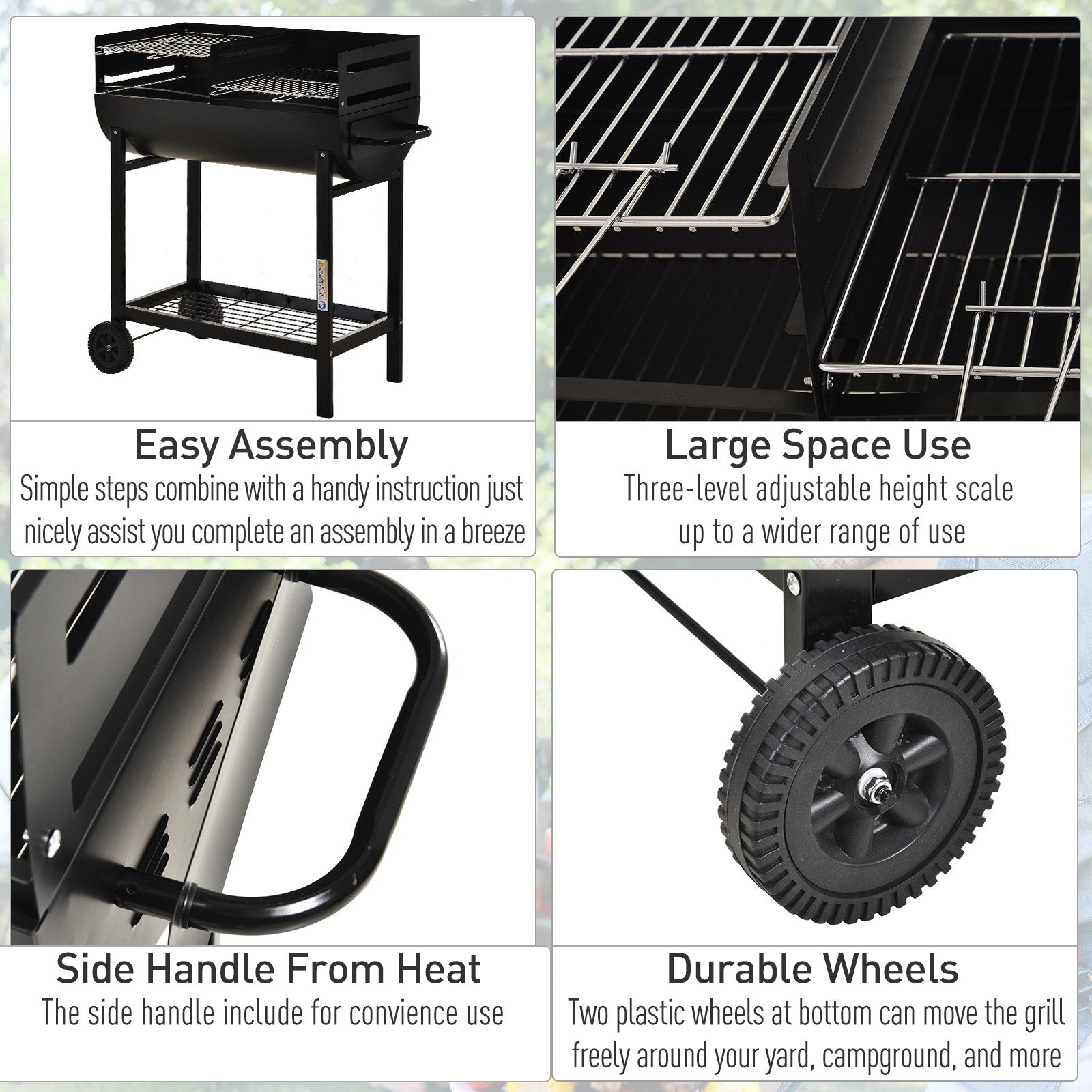 Outsunny Charcoal Barbecue Grill Garden BBQ Trolley w/ Dual Grill, Adjustable Grill Nets, Heat-resistant Steel, Wheels, Black