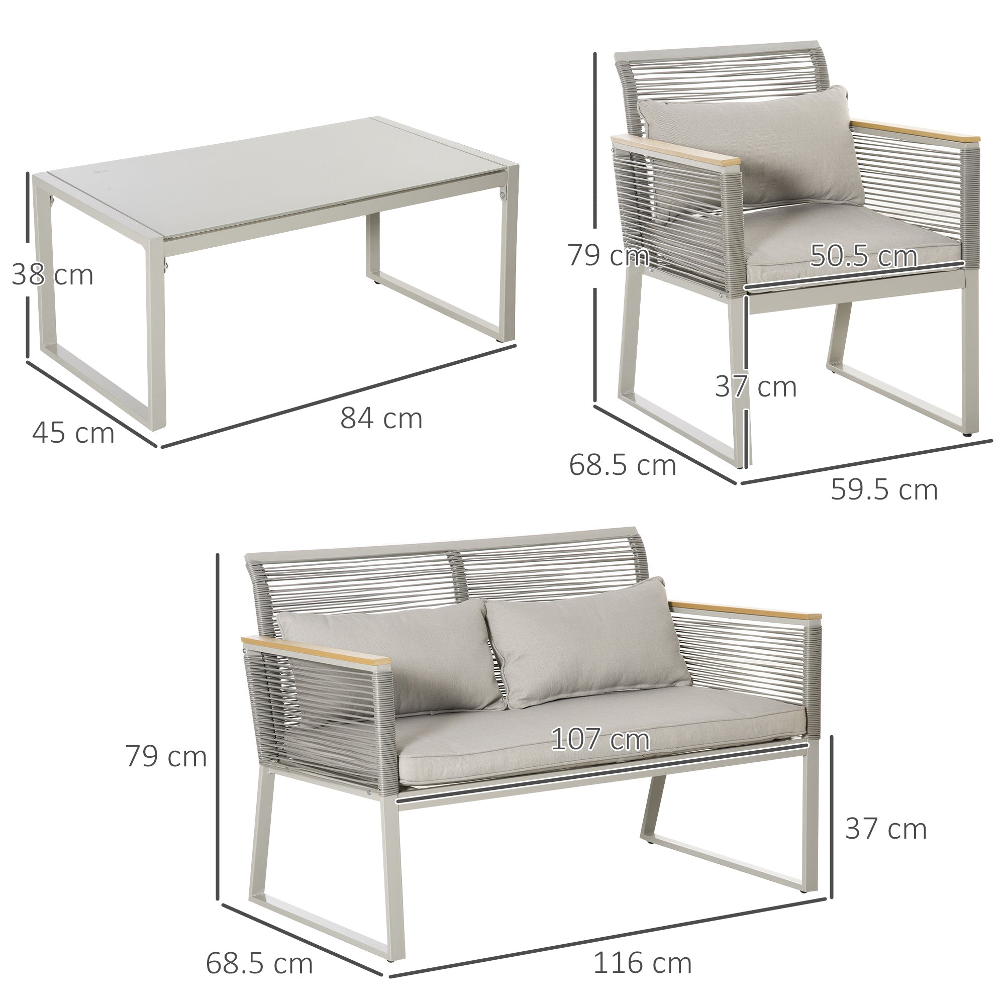 Outsunny 4 Pieces Patio Wicker Sofa Set, Outdoor Metal Frame Wrapped Round PE Rattan Conservatory Furniture, w/ Cushions, Pillows & Tempered Glass Table for Backyard, Garden, Grey - North Peak Garden Furniture