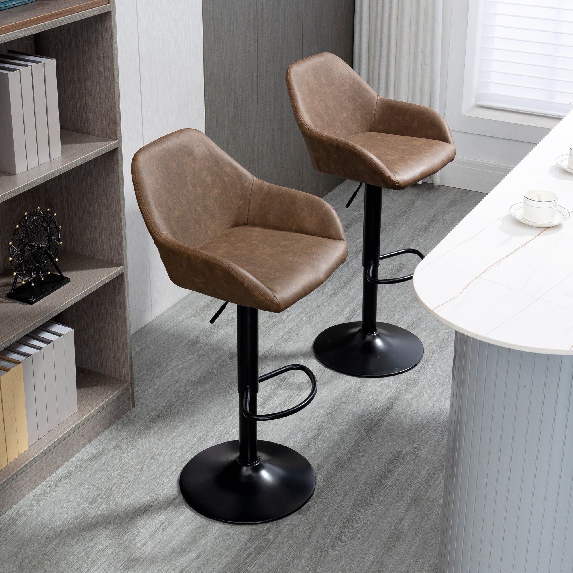 HOMCOM Adjustable Bar Stools Set of 2, Swivel Barstools with Footrest and Backrest, PU Leather and Steel Base, for Kitchen Counter and Dining Room, Dark Brown - North Peak Garden Furniture