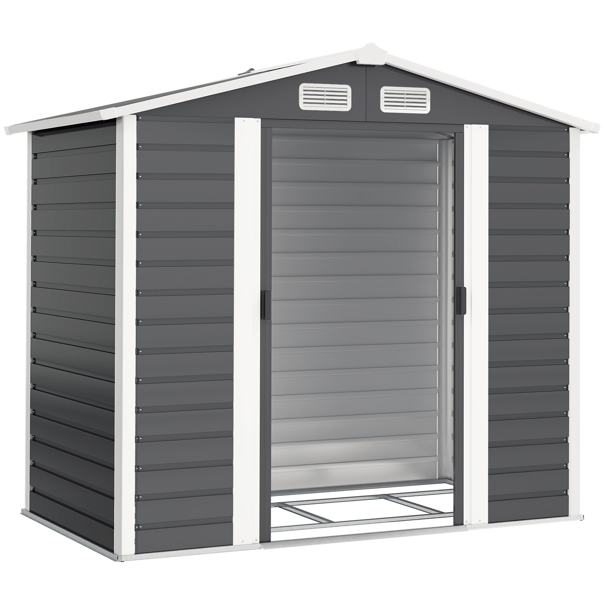Outsunny 7 x 4ft Garden Shed, Easy to Assemble, Upgraded Galvanised Steel Frame with Foundation Kit, Double Doors with Lock, Outdoor Metal Shed with Vents and Gloves, Garden Storage Shed, Dark Grey