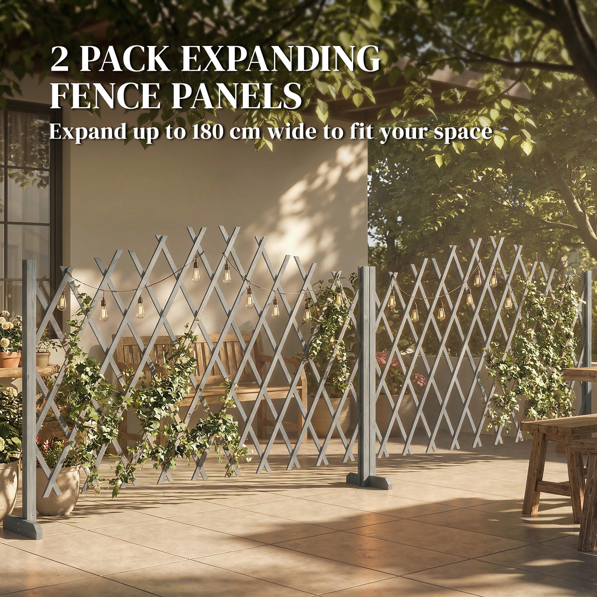 Outsunny 2 Pack Expanding Fence Panels, Wooden Freestanding Garden Fence with Stable Feet, 180 x 30 x 103cm, Dark Grey