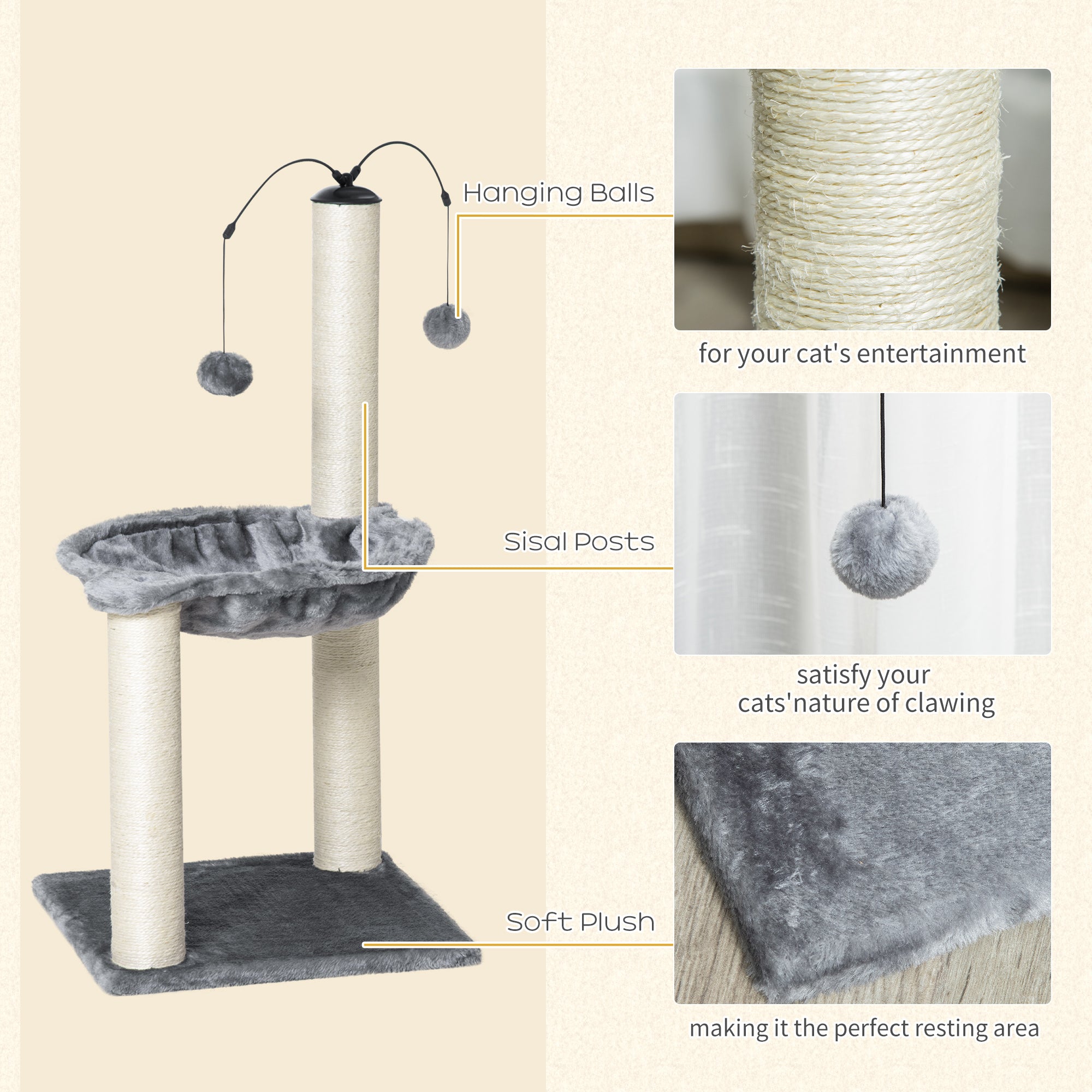 PawHut 83cm Cat Tree Tower for Indoor Cats w/ Sisal Scratching Post Hammock Hanging Toy Activity Centre - Grey - North Peak Garden Furniture