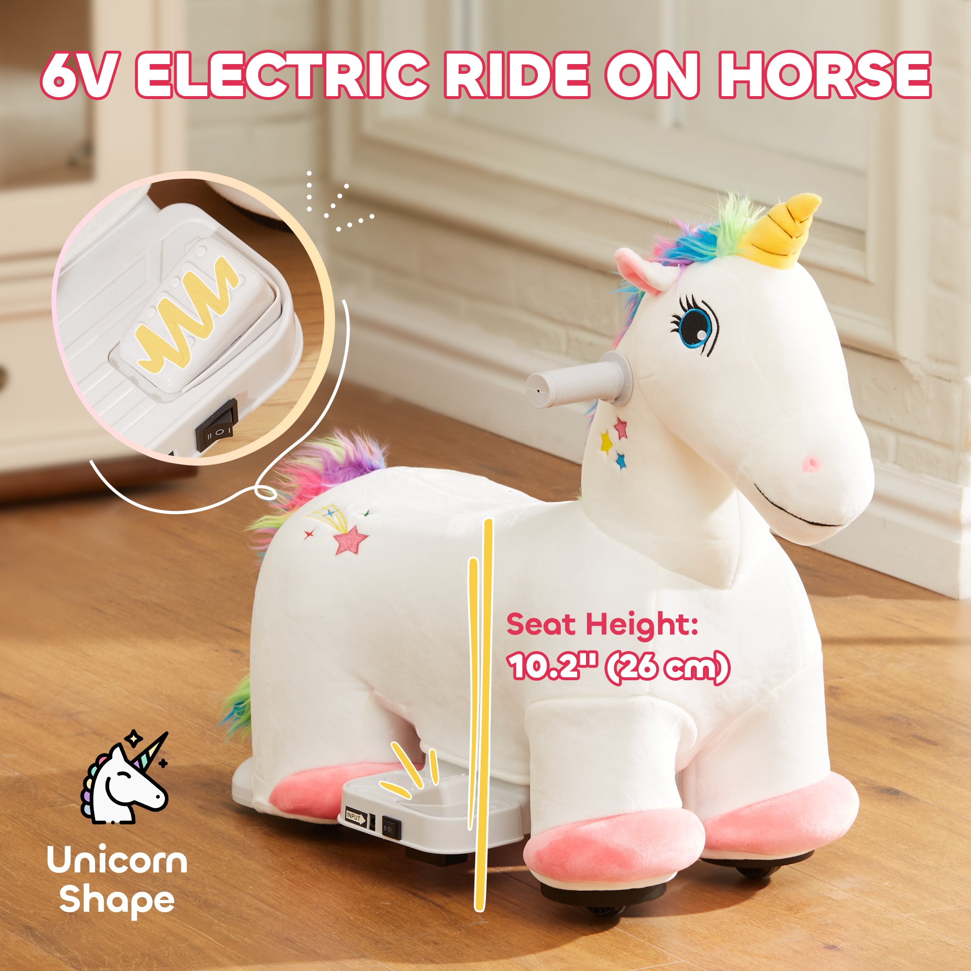 AIYAPLAY 6V Electric Ride on Unicorn, Battery Powered Kids Ride on Animal Toy with Music Forward Control, for 18-36 Months