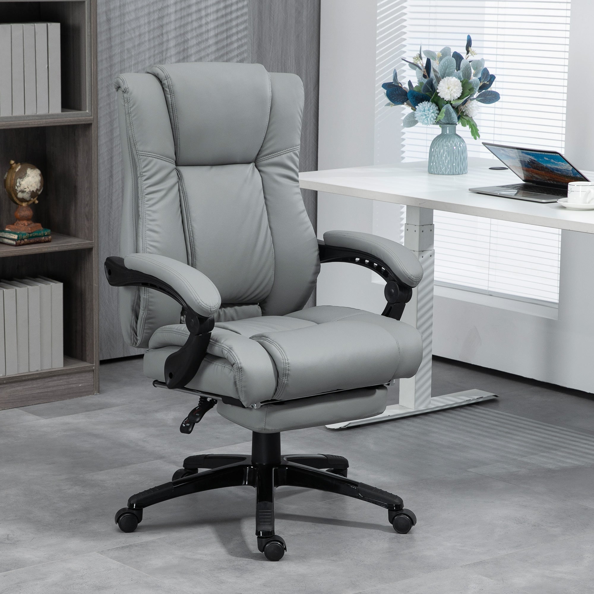Vinsetto PU Leather Office Chair, Swivel Computer Chair with Footrest, Wheels, Adjustable Height, Grey - North Peak Garden Furniture
