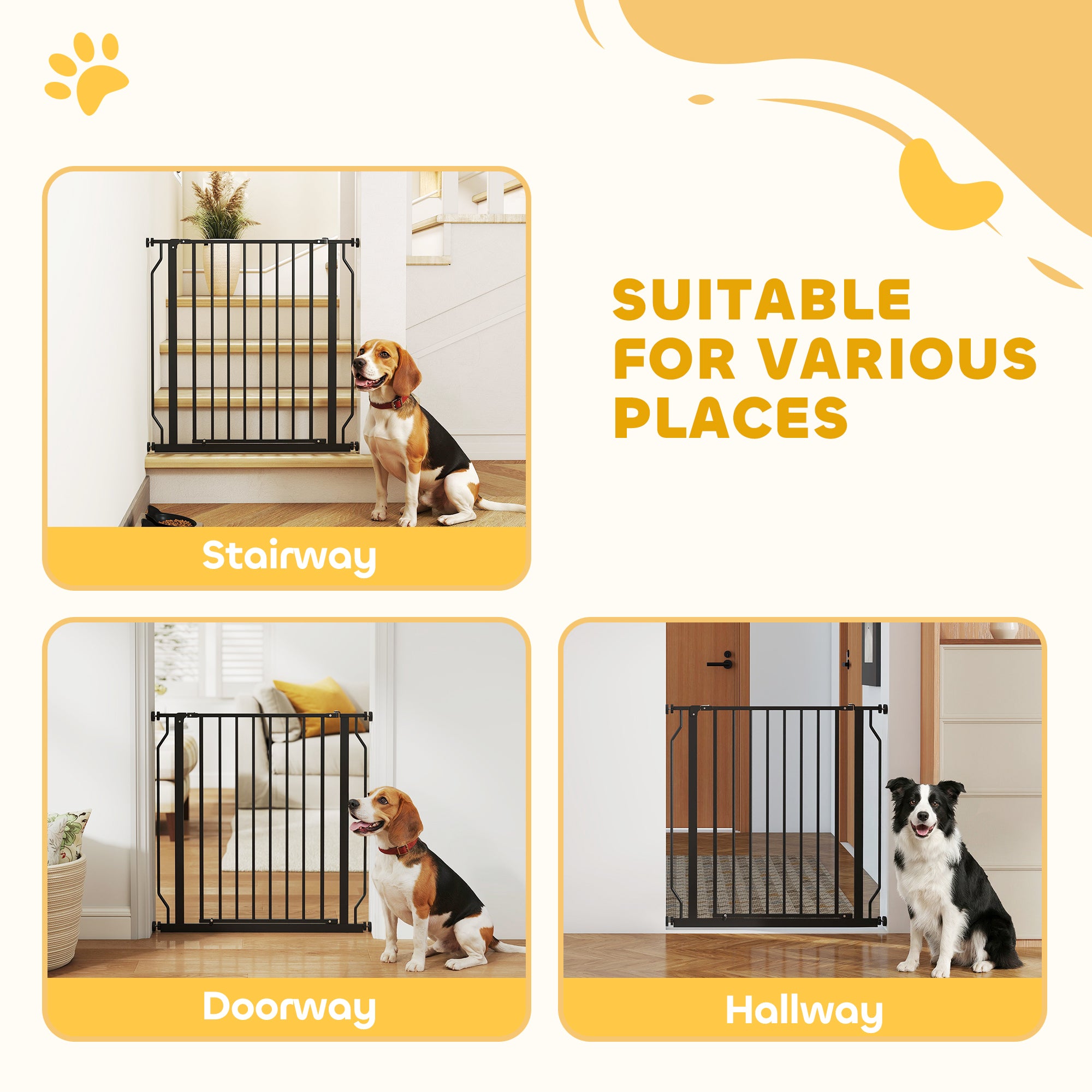 PawHut Extra Wide Dog Safety Gate, with Door Pressure, for Doorways, Hallways, Staircases - Black