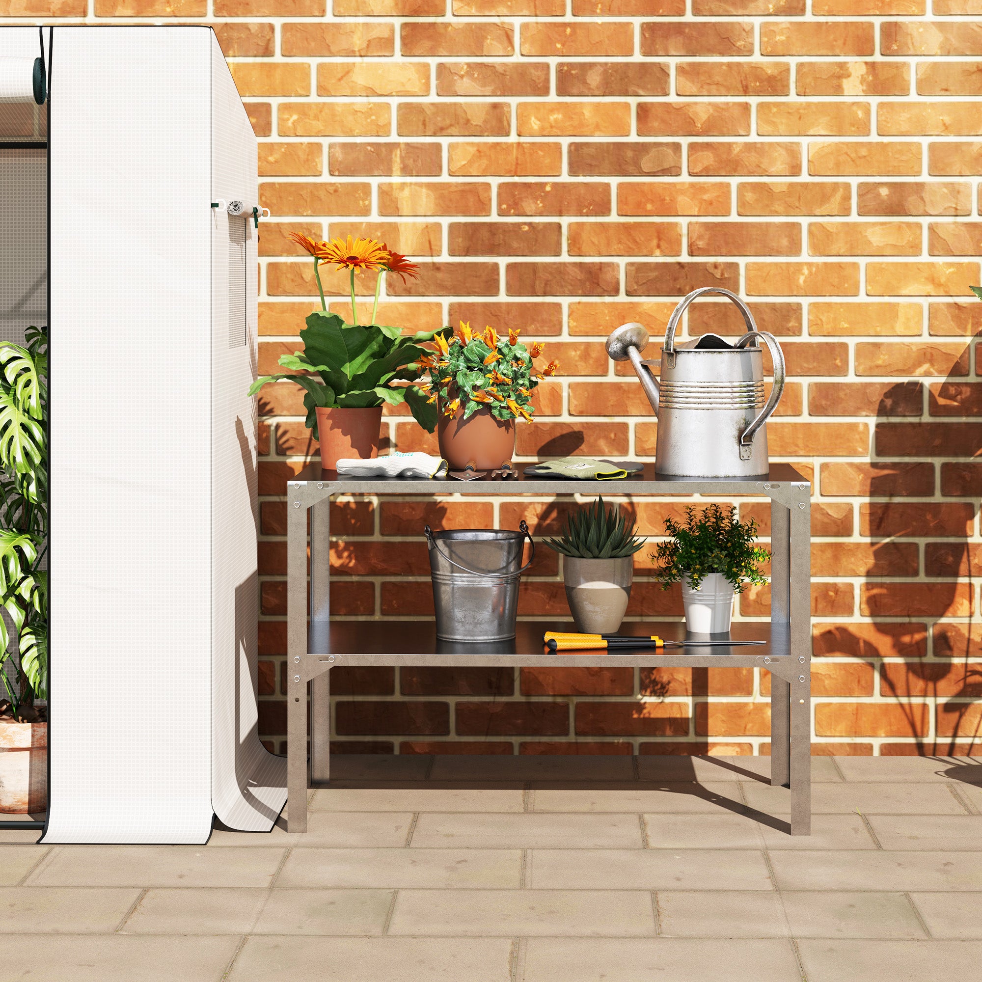 Outsunny 2 Tier Potting Bench Table, Galvanised Steel Garden Planting Work Bench Workstation with Storage Shelf for Outdoor, Patio, Greenhouse, 110 x 50 x 75 cm, Silver Tone - North Peak Garden Furniture