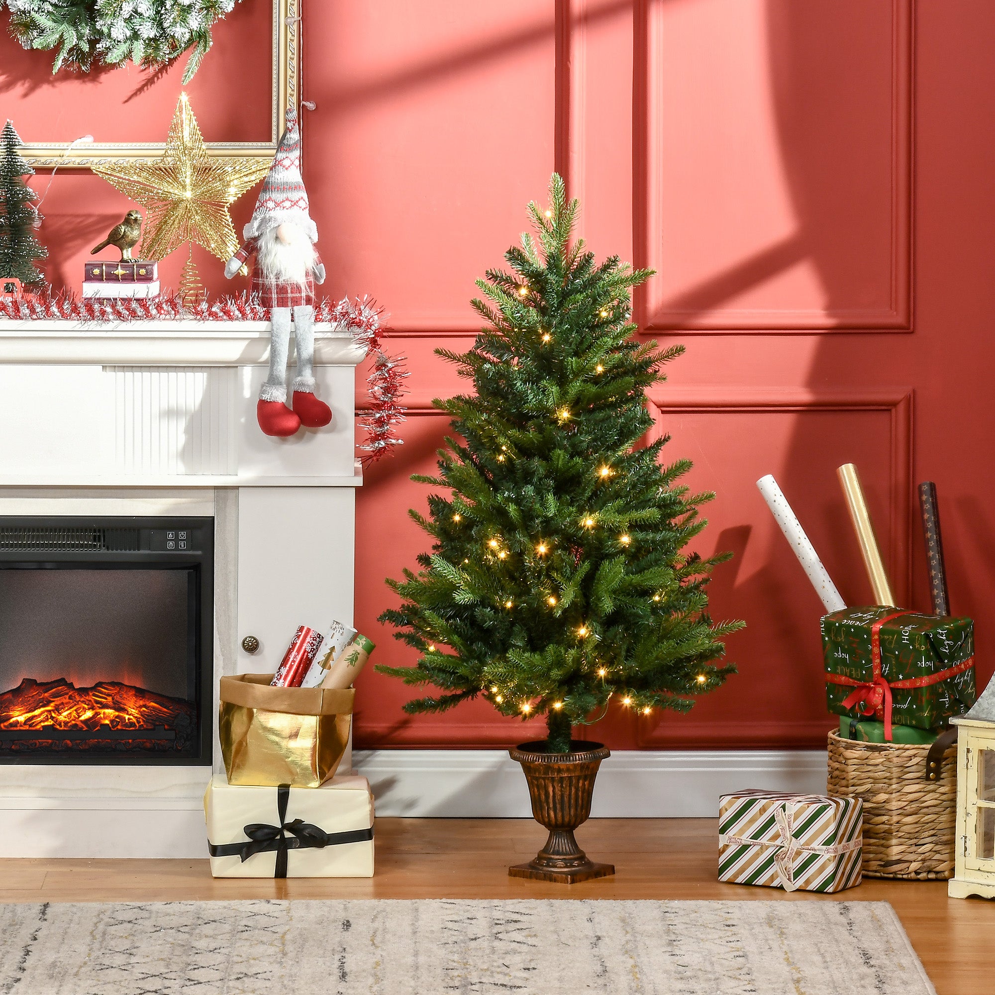 HOMCOM 1.2m 4ft Christmas Tree Entrance Décor 750 Tips Xmas Pre-lit Tree 80 LED with Vase Base - North Peak Garden Furniture