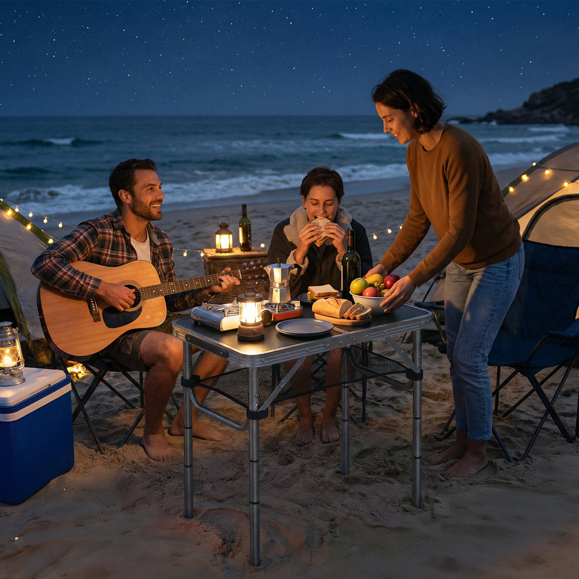 Outsunny 2ft Folding Camping Table, Picnic Table with Mesh Storage Layer, 4 Adjustable Heights and Carrying Handle, Black